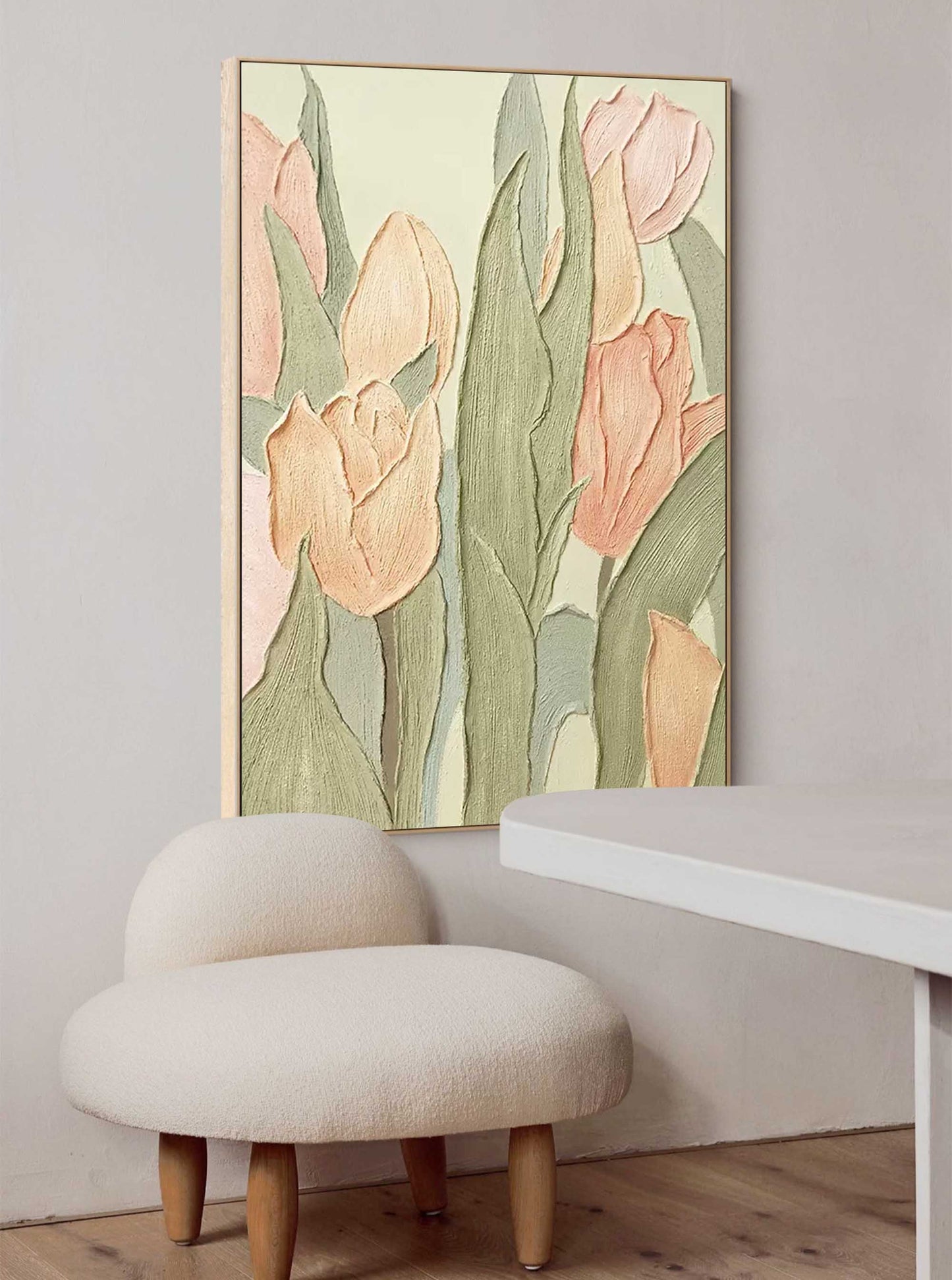 Elegant Floral Oil Painting of Soft Pink Tulips on Textured Canvas