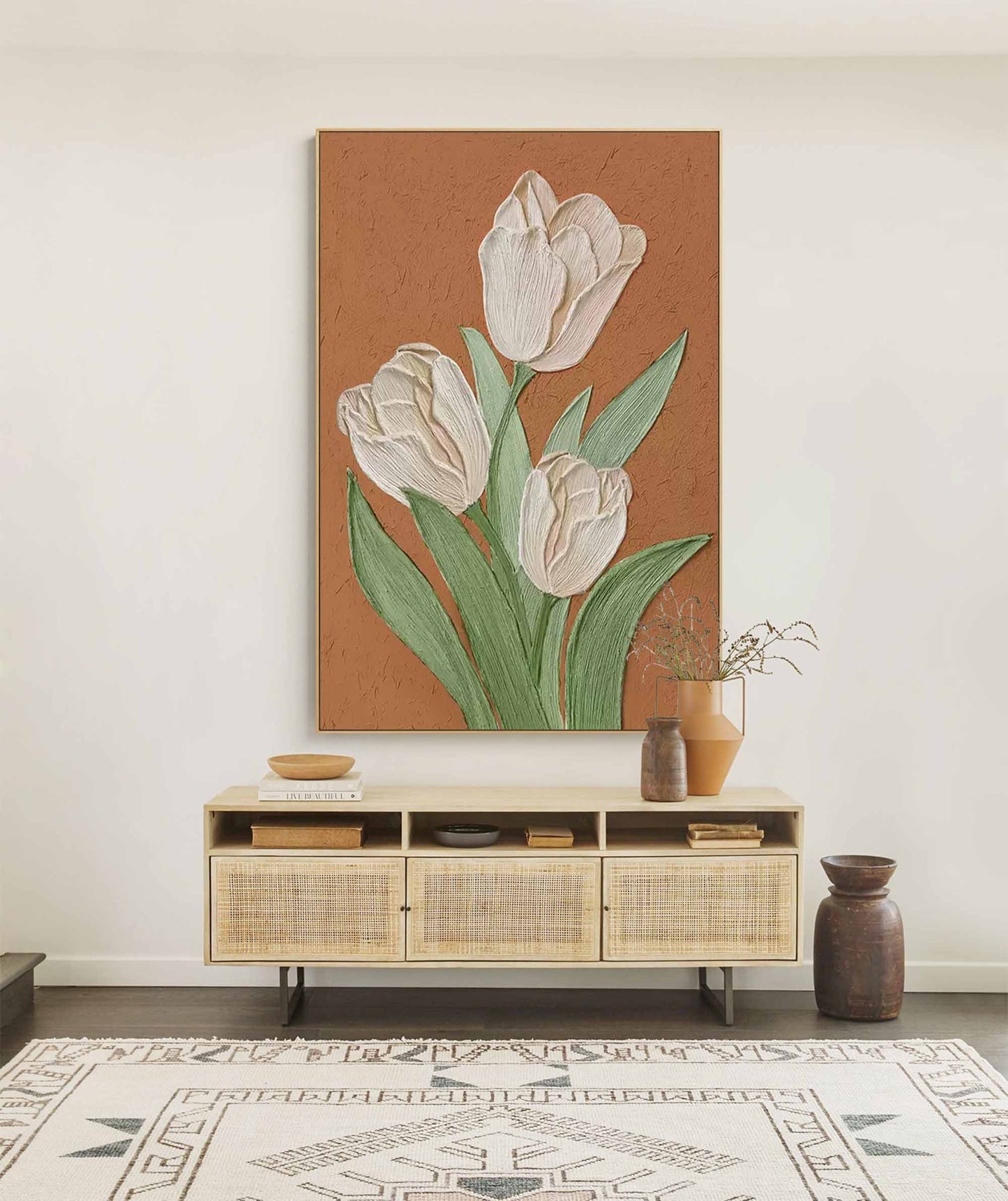 Elegant Cream Tulips Oil Painting on Brown Canvas | Floral Wall Art Decor