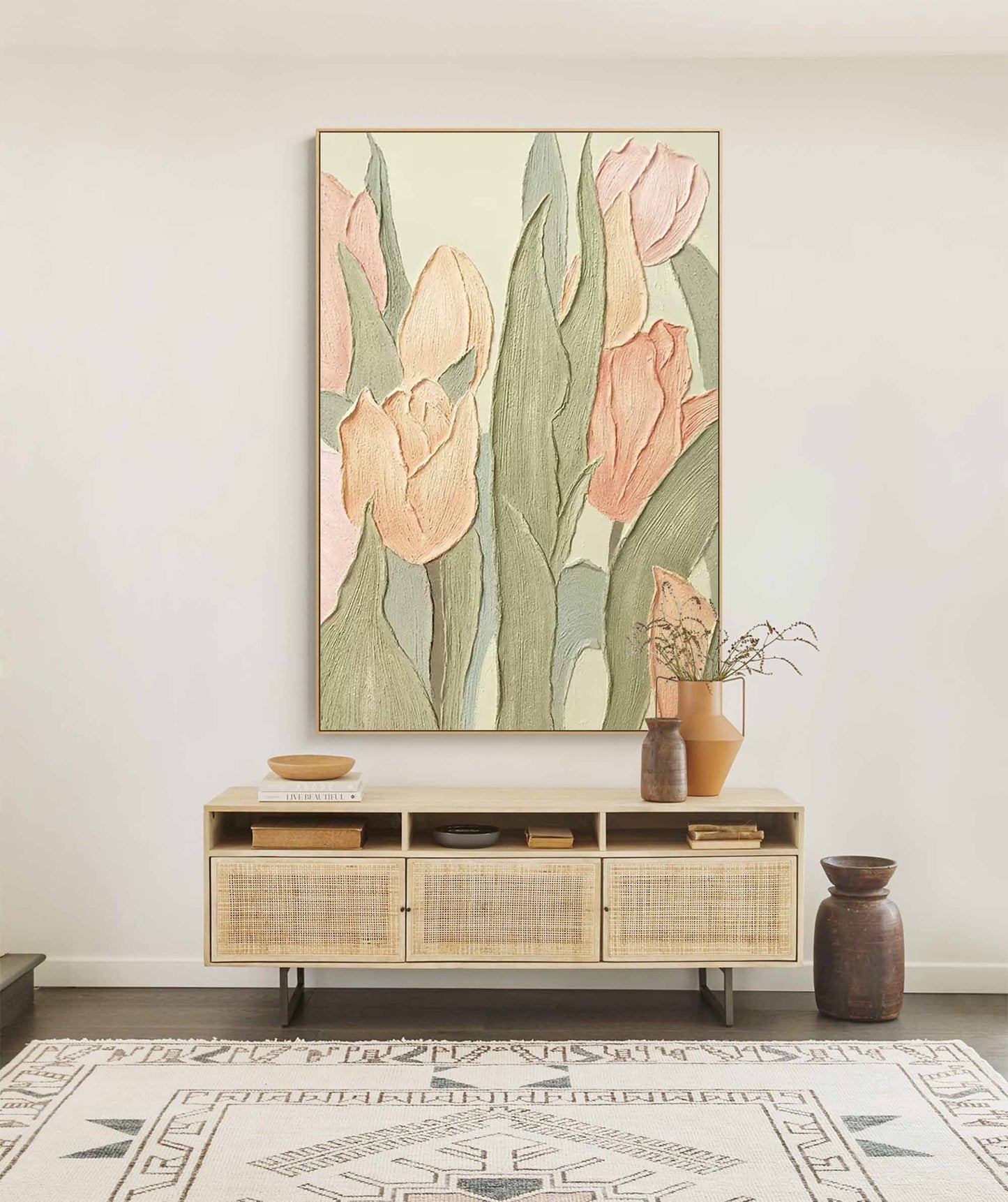 Elegant Floral Oil Painting of Soft Pink Tulips on Textured Canvas