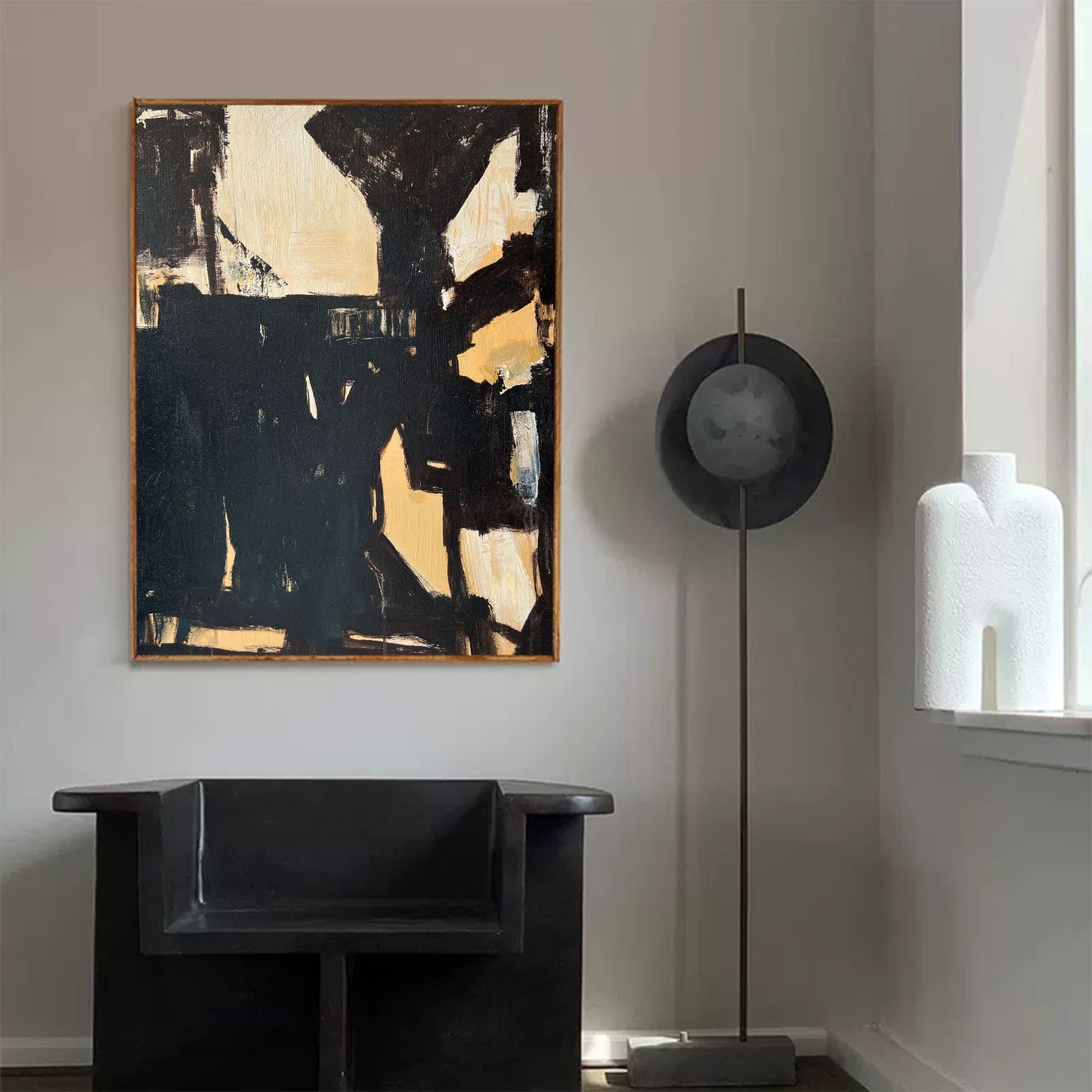 Modern Minimalist Black and Beige Abstract Oil Painting for Contemporary Decor