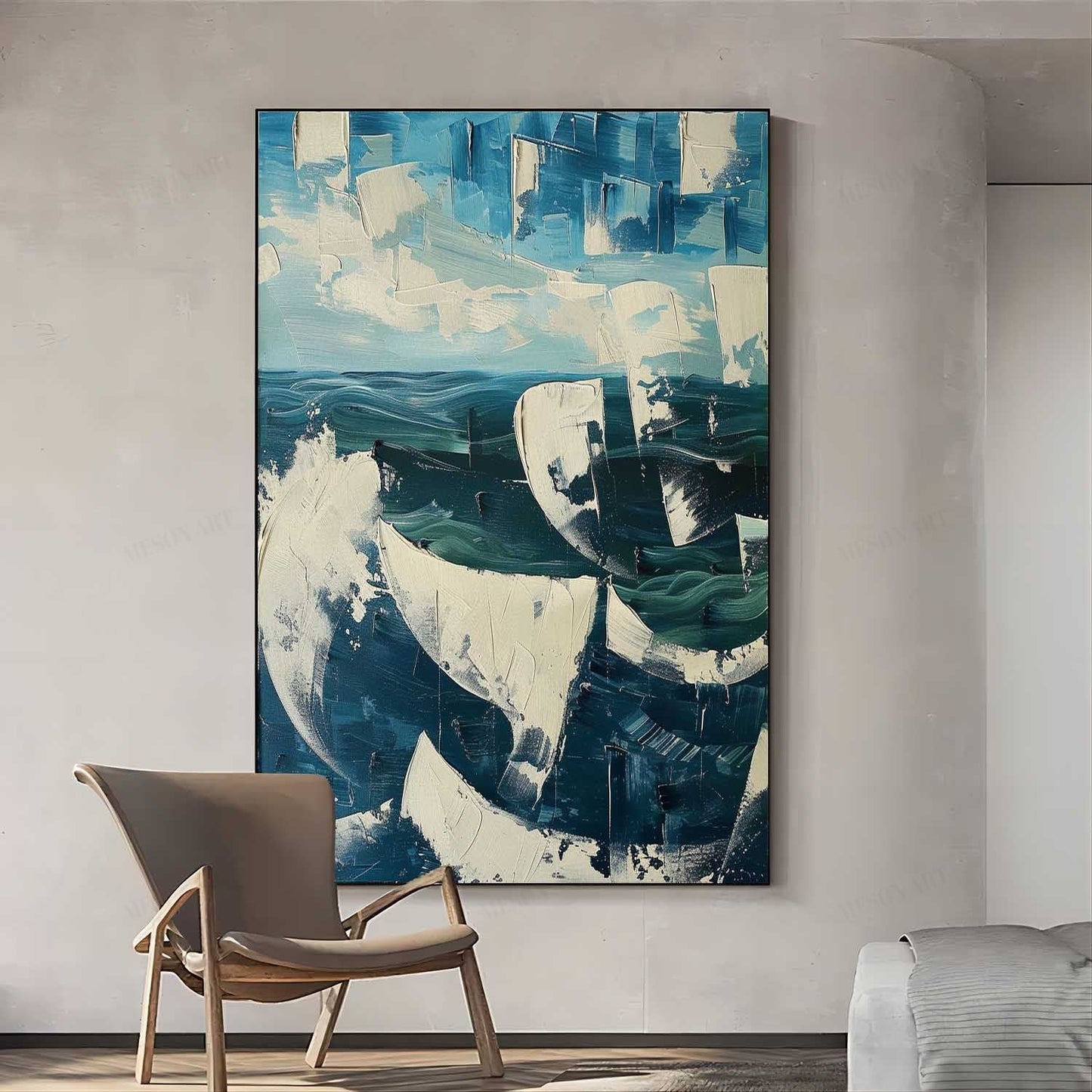 Vibrant Abstract Ocean Waves Oil Painting with Textured Plaster Finish