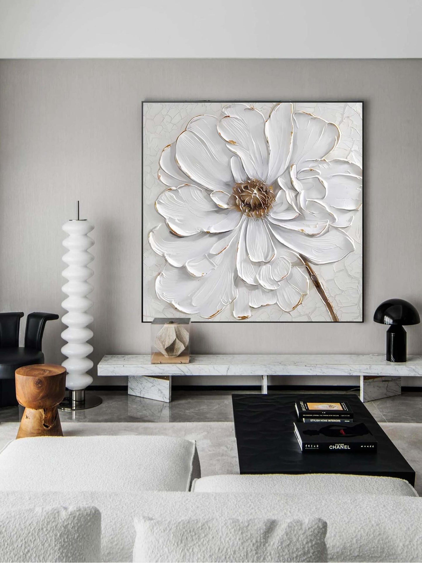 Elegant Minimalist White Flower Oil Painting for Modern Home Decor