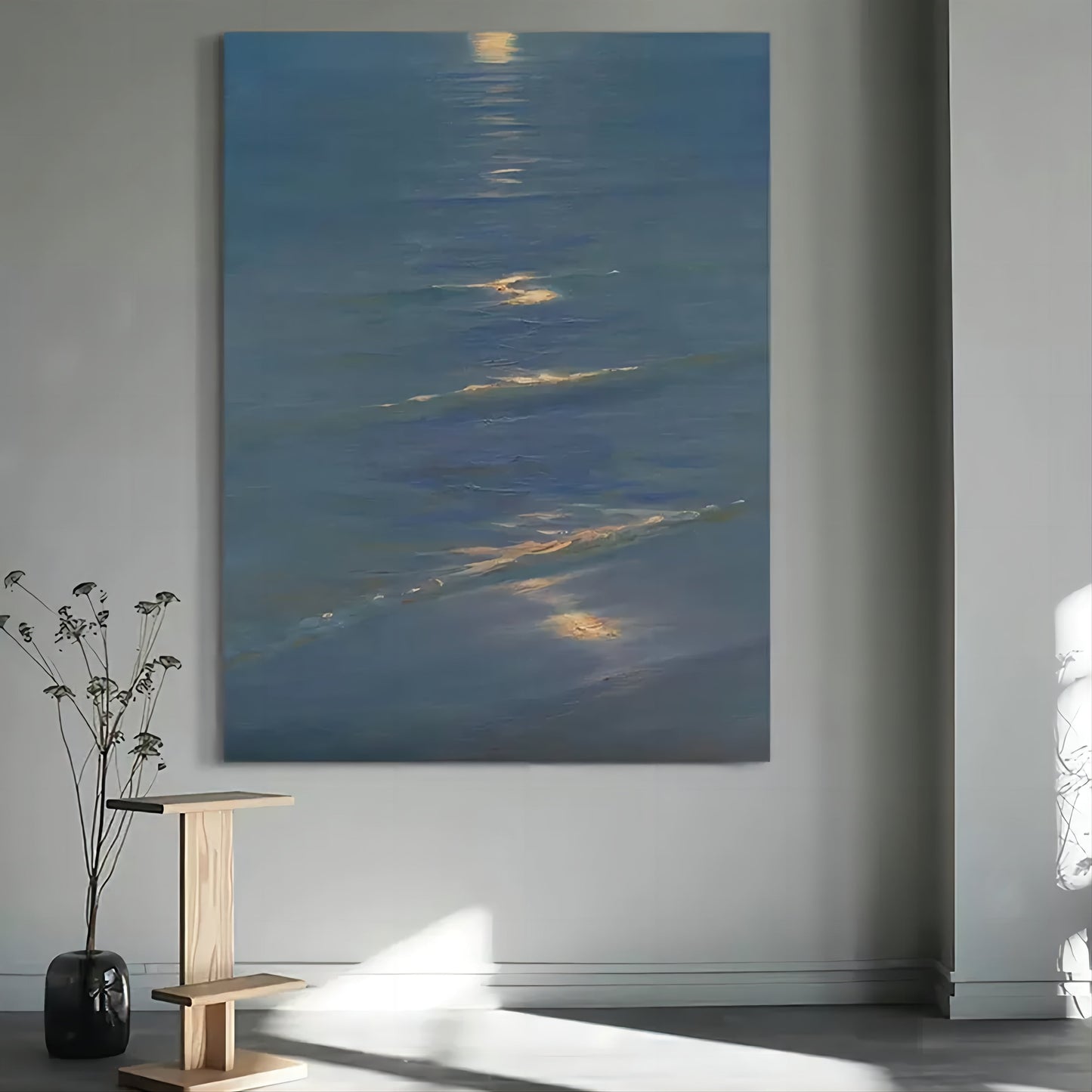 Serene Blue Ocean Reflection Oil Painting for Tranquil Home Decor