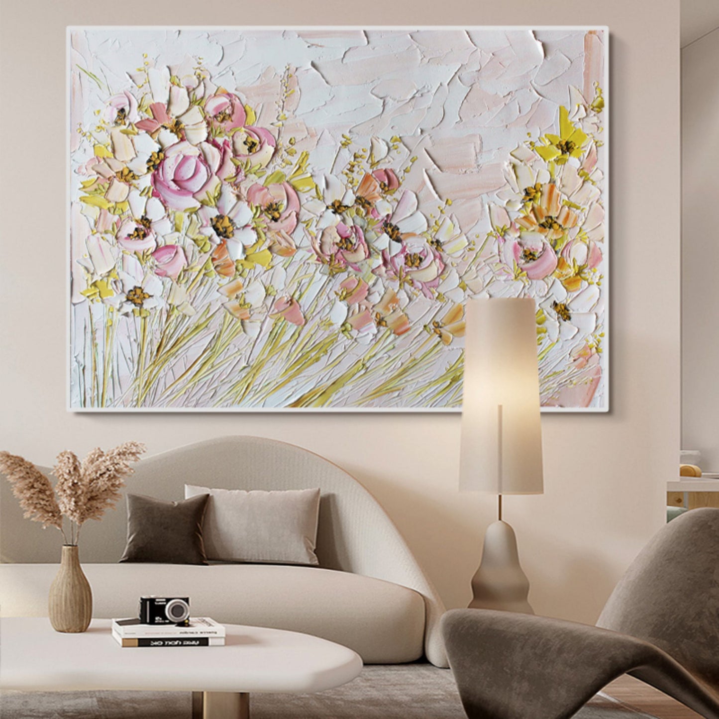 Romantic Floral Oil Painting with Textured Pastel Blossoms