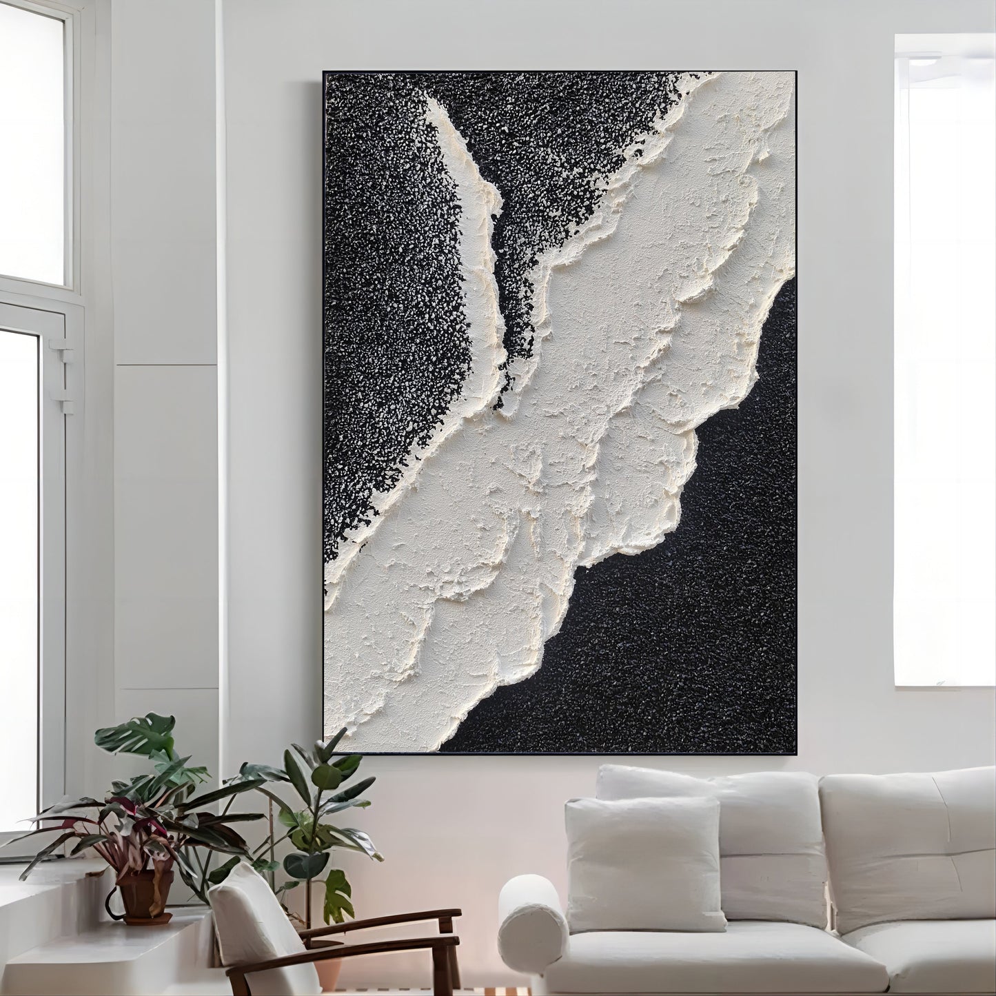 Modern Abstract Ocean Wave Oil Painting in Black and White Textures