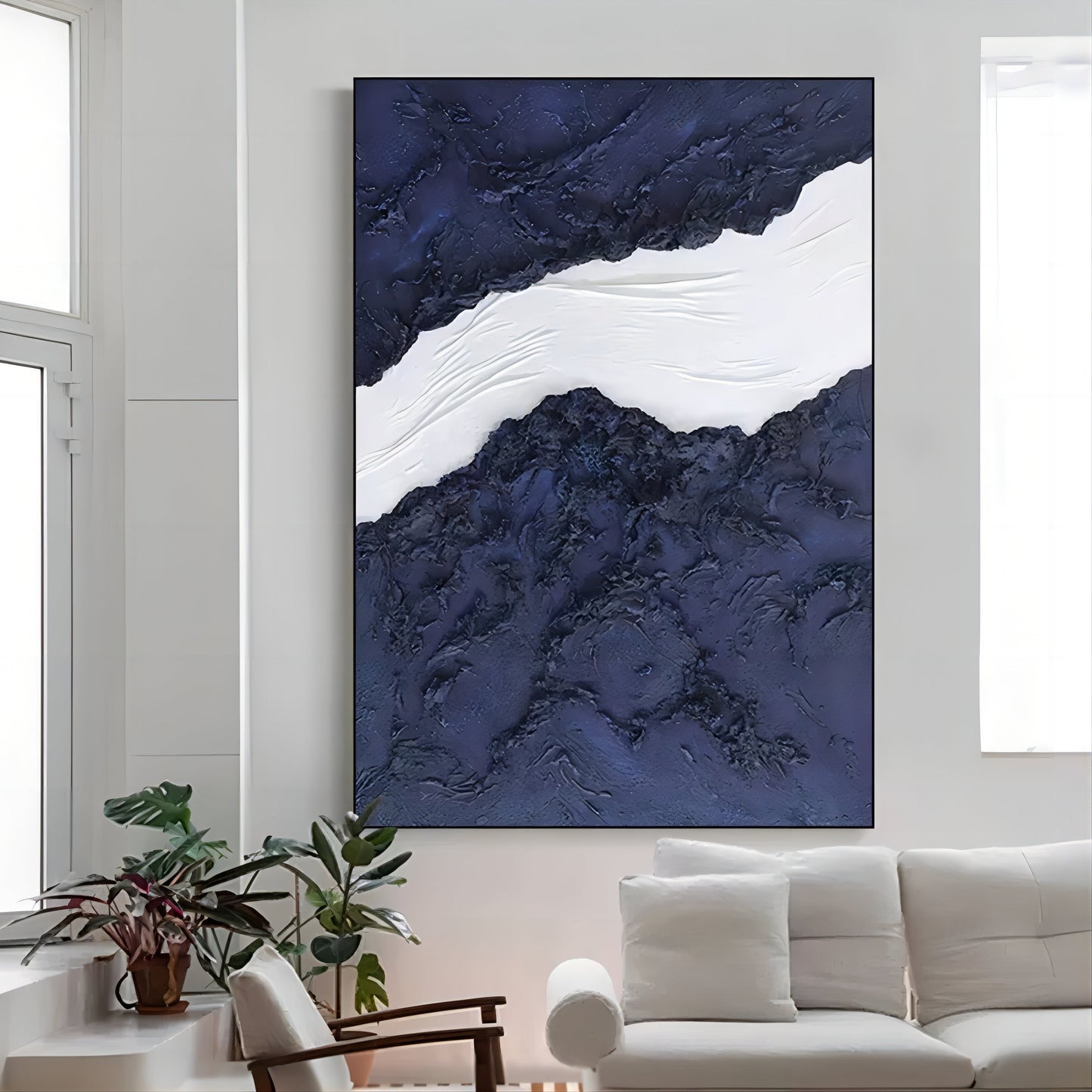 Abstract Blue and White Textured Oil Painting for Modern Home Decor
