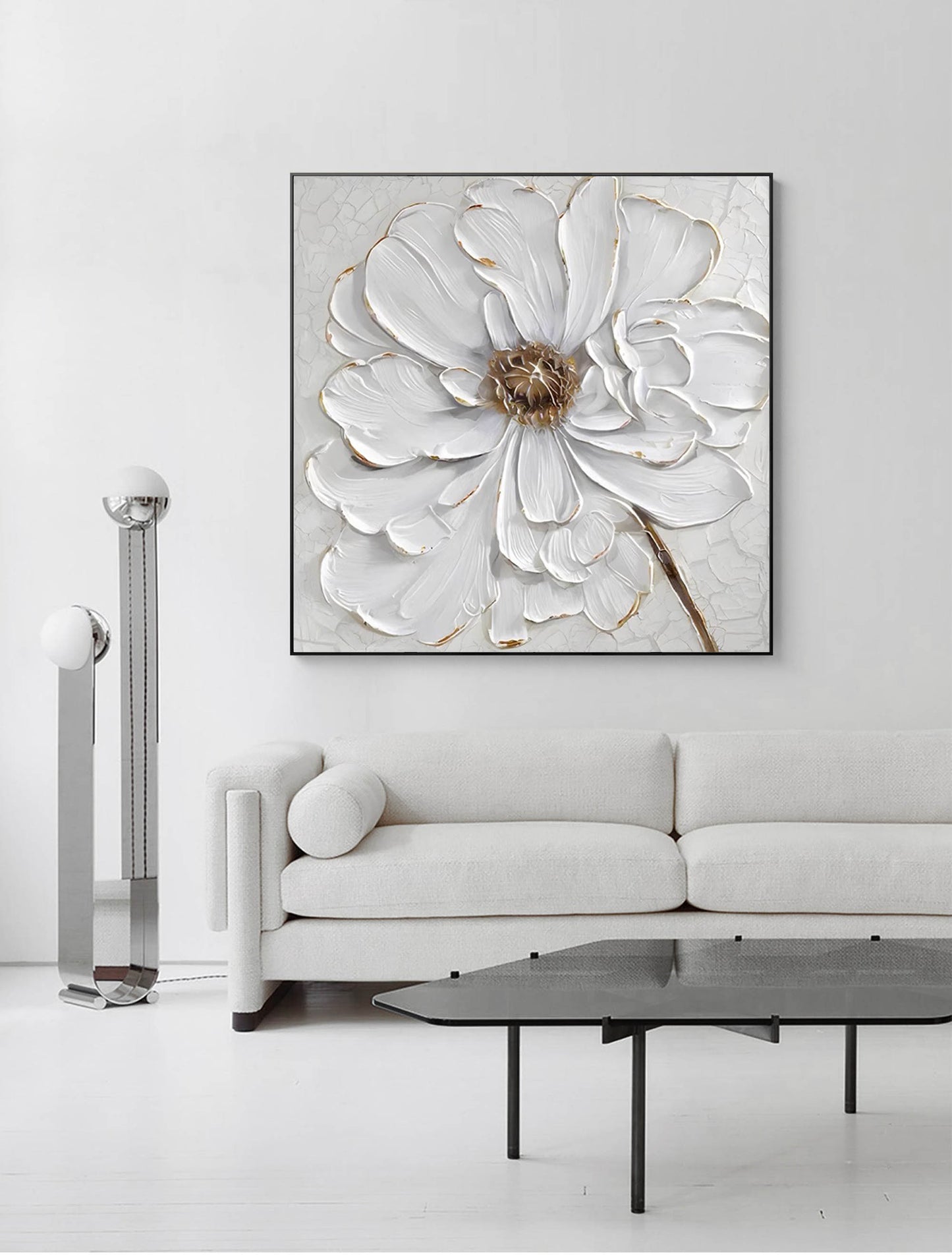 Elegant Minimalist White Flower Oil Painting for Modern Home Decor