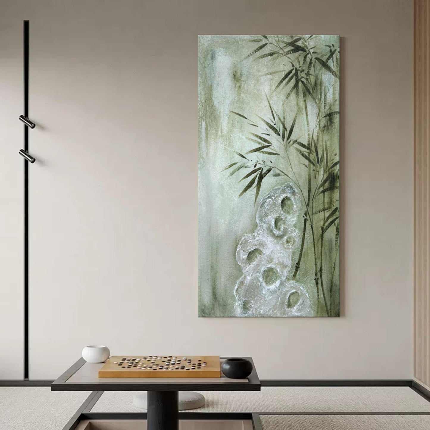 Serene Bamboo Oil Painting for Minimalist Home Decor and Wabi-Sabi Aesthetics