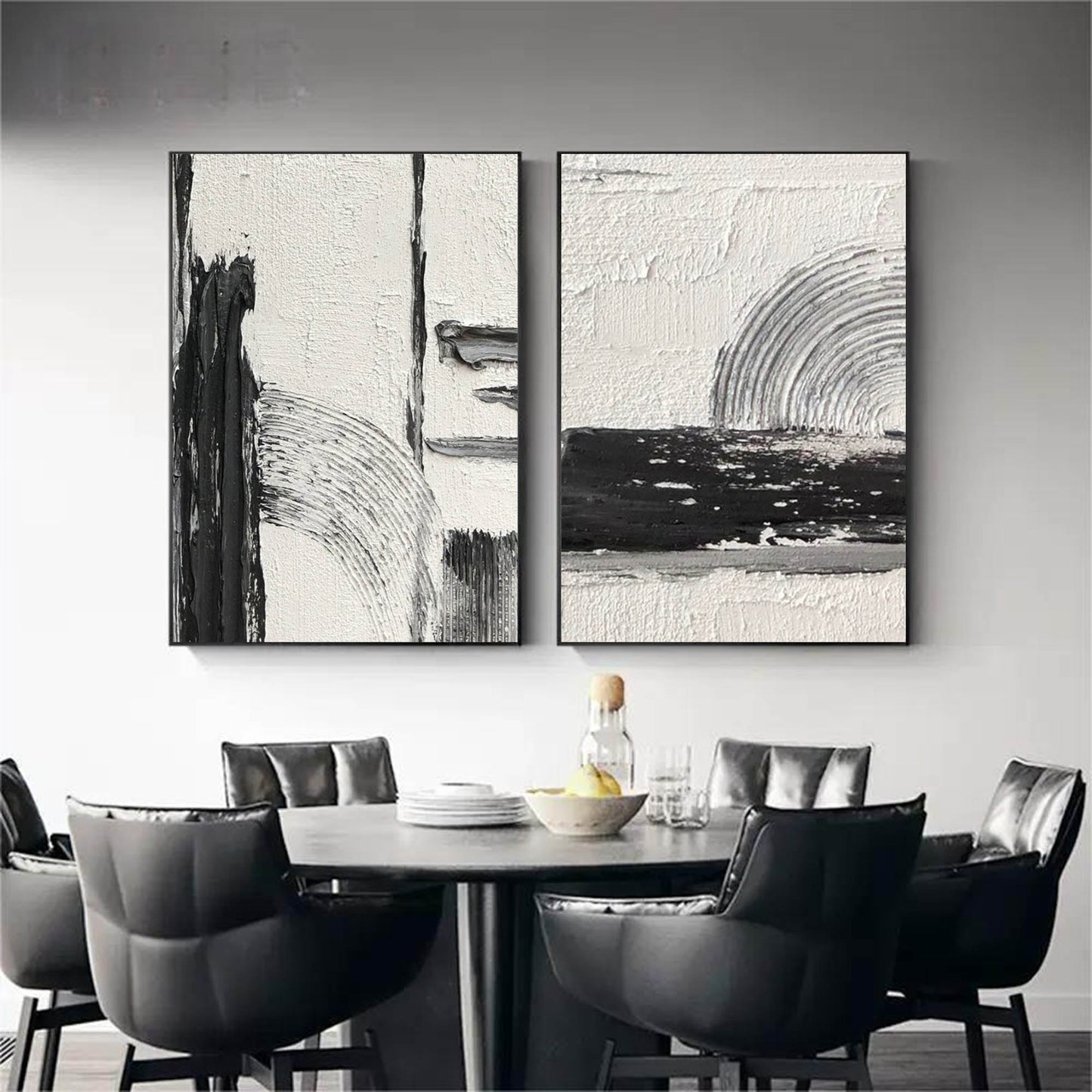 Contemporary Black and White Abstract Oil Painting Duo for Modern Interiors