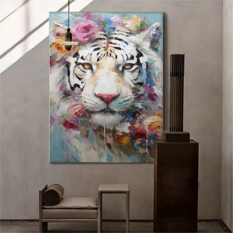 Majestic White Tiger Oil Painting with Floral Accents - Stunning Canvas Artwork for Home Decor