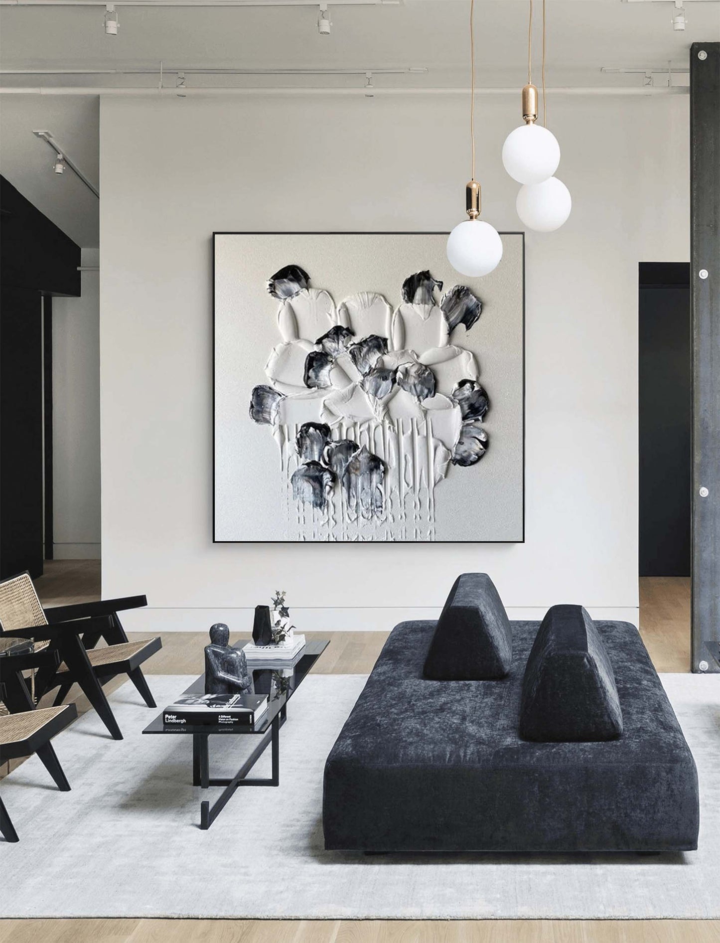 Elegant Minimalist Black and White Flower Oil Painting for Modern Decor
