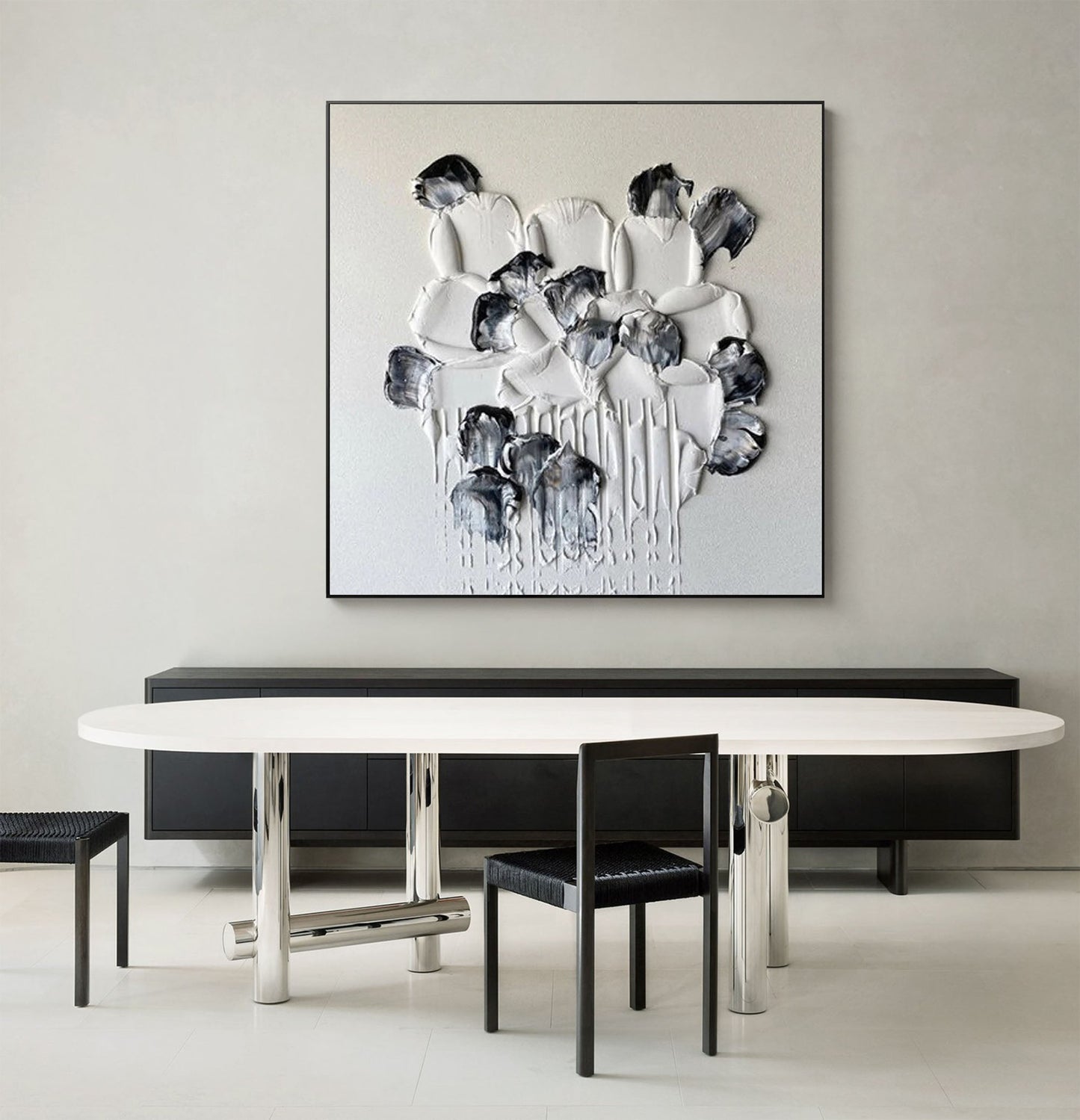 Elegant Minimalist Black and White Flower Oil Painting for Modern Decor