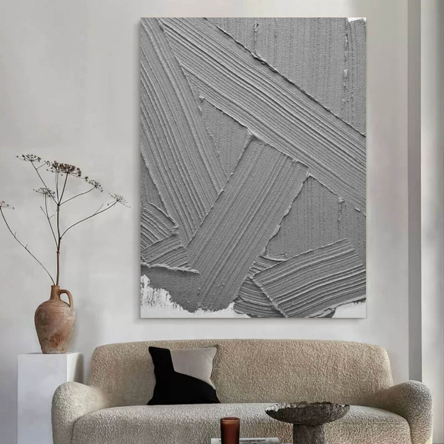 Modern Grey Abstract Oil Painting for Minimalist Home Decor