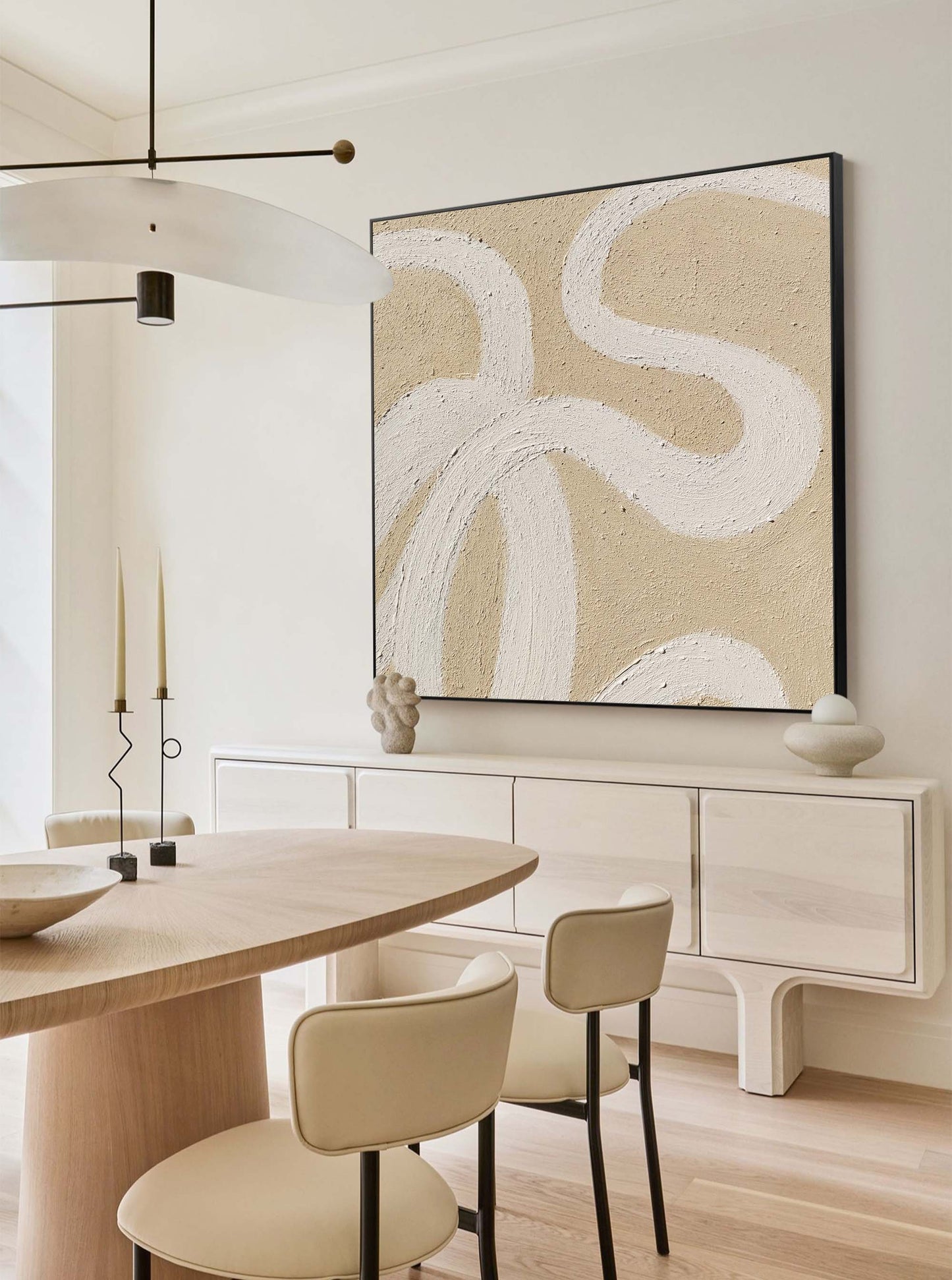Contemporary Minimalist Line Art Oil Painting in Beige Tones for Modern Décor