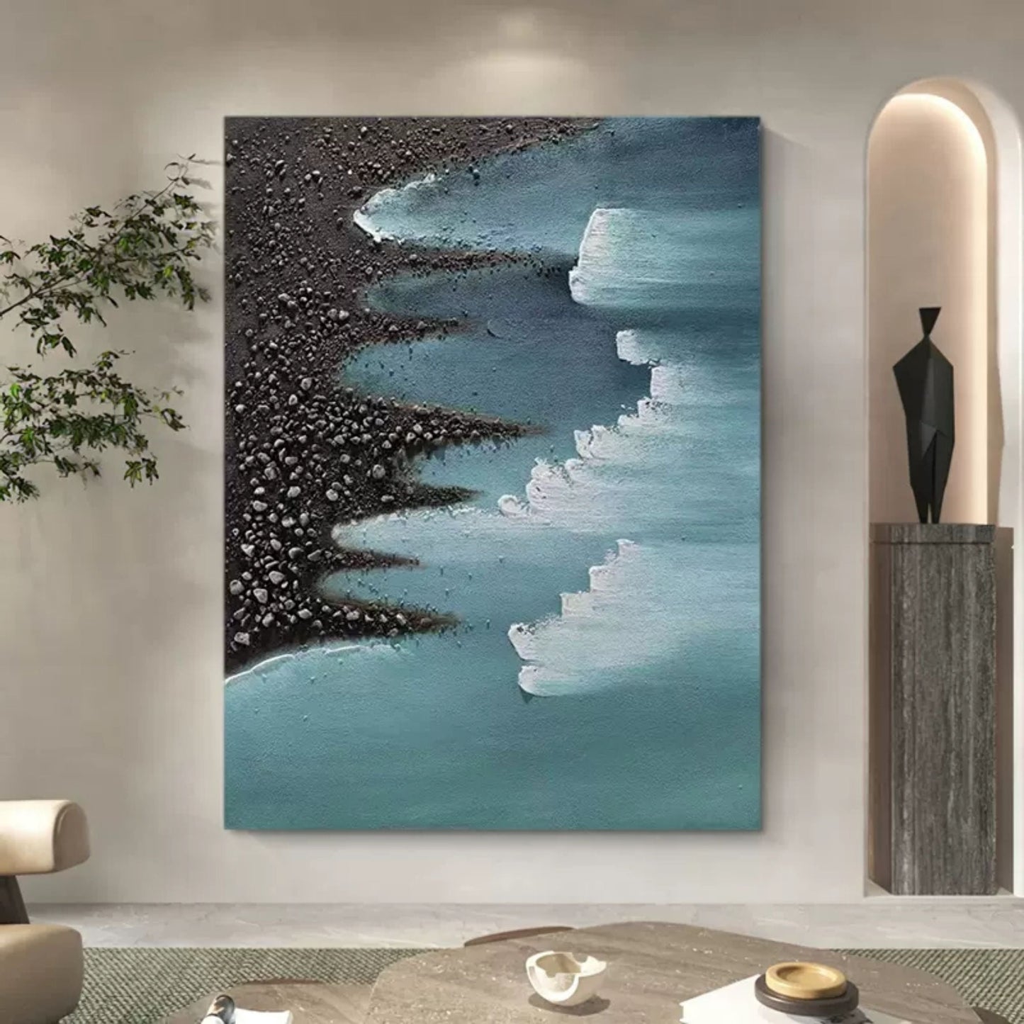 Abstract Seascape Oil Painting with Textured Beach and Gentle Waves