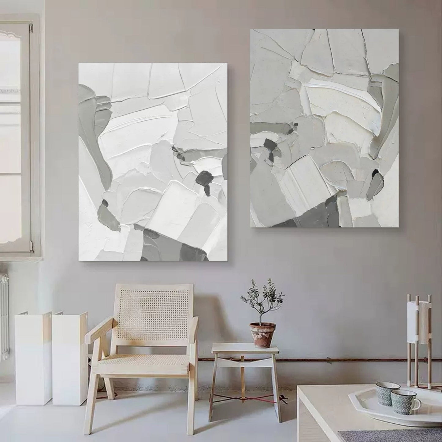 Contemporary Abstract Oil Painting Duo in Monochrome Shades for Modern Decor
