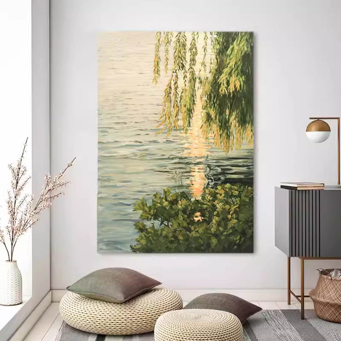 Tranquil Watercolor Landscape Oil Painting with Reflections and Greenery
