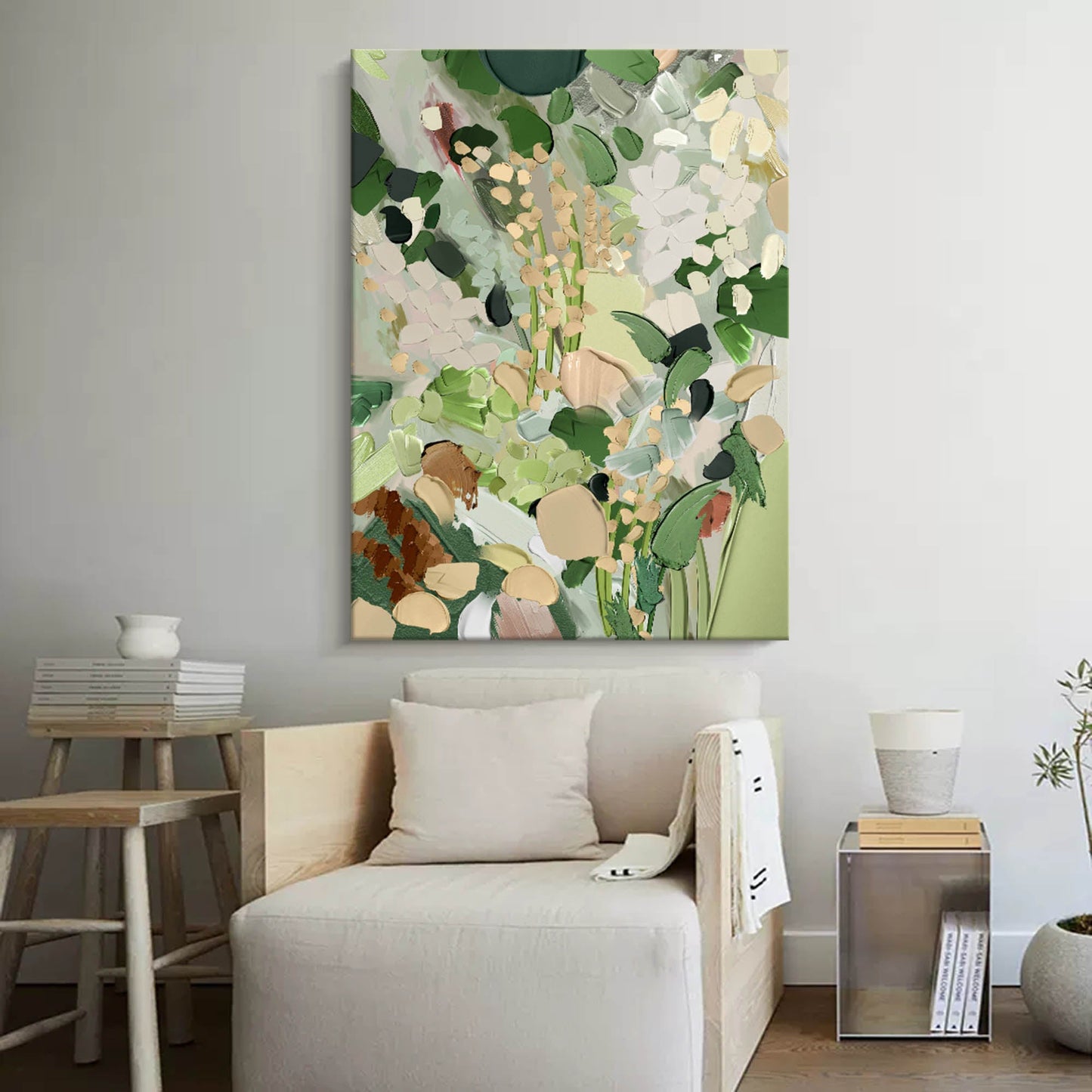 Lush Green Abstract Floral Oil Painting for Modern Home Decor
