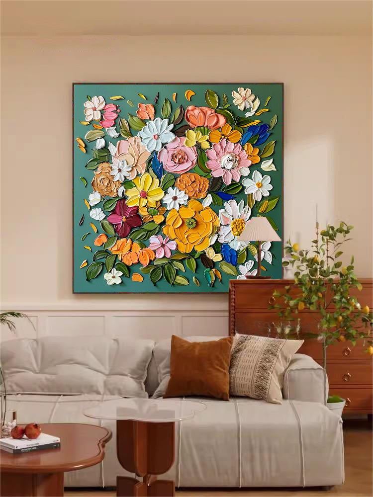 Vibrant Floral Oil Painting on Canvas – Colorful Blossom Art for Home Décor