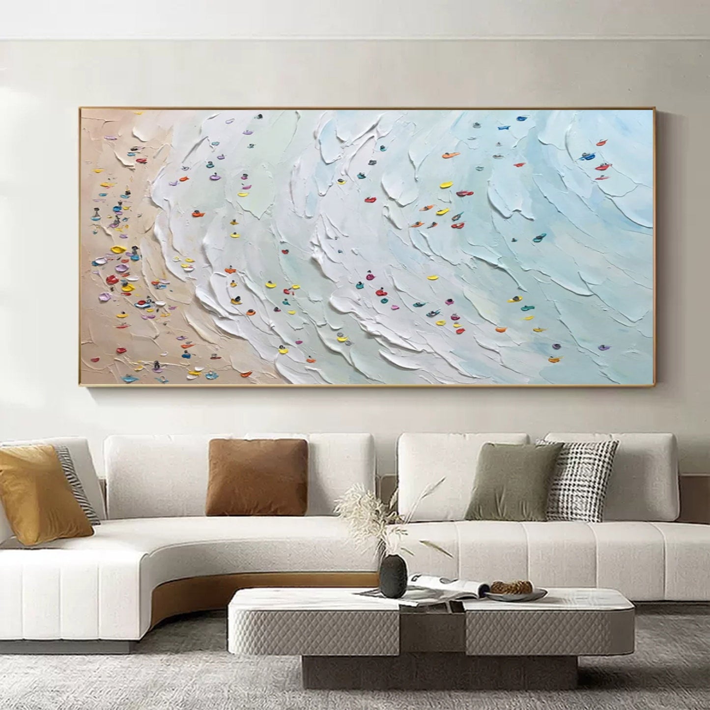 Coastal Waves Oil Painting with Textured Beach and Colorful Boats
