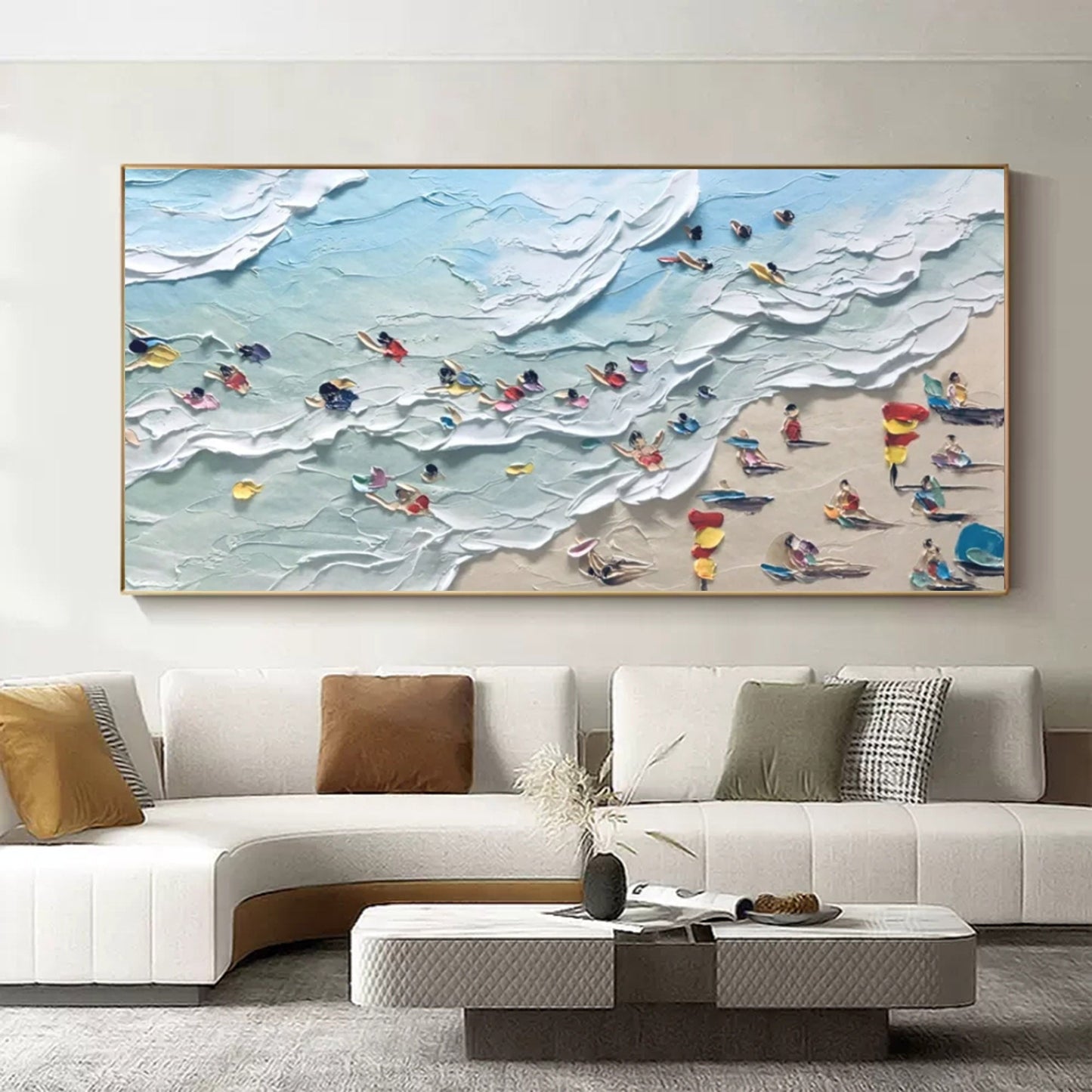 Coastal Bliss: Textured Oil Painting of Beach Scene with People and Ocean Waves