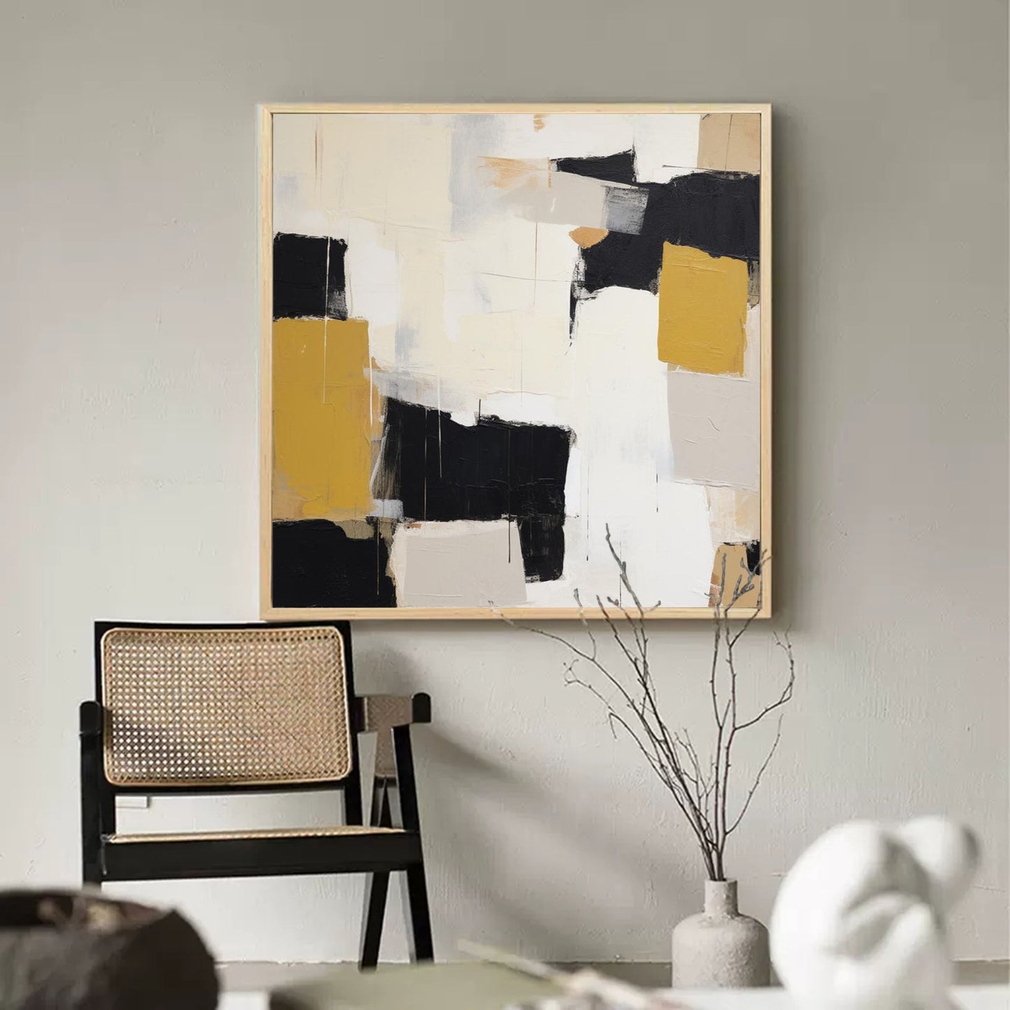 Contemporary Abstract Oil Painting with Black, White, and Gold Elements