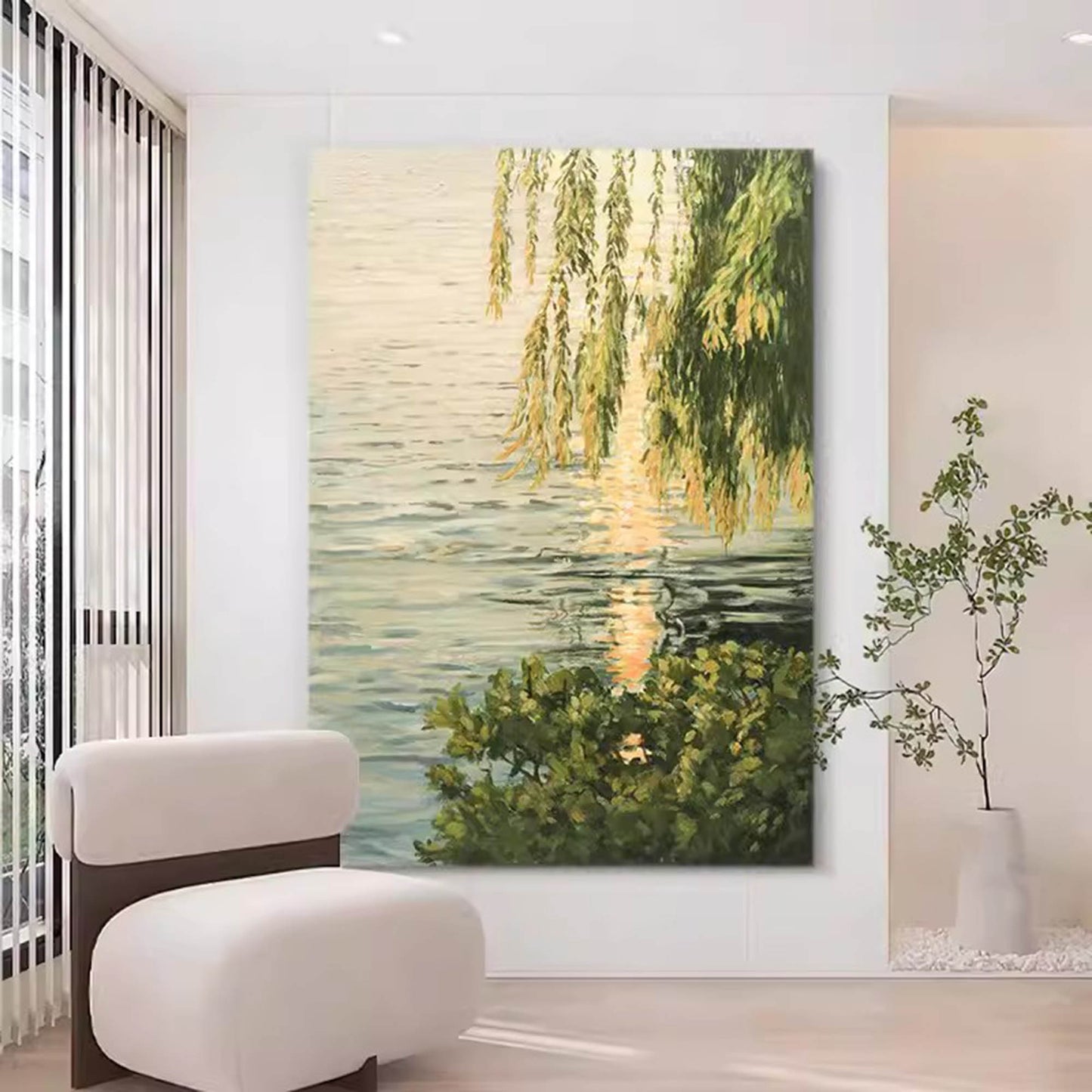Tranquil Watercolor Landscape Oil Painting with Reflections and Greenery