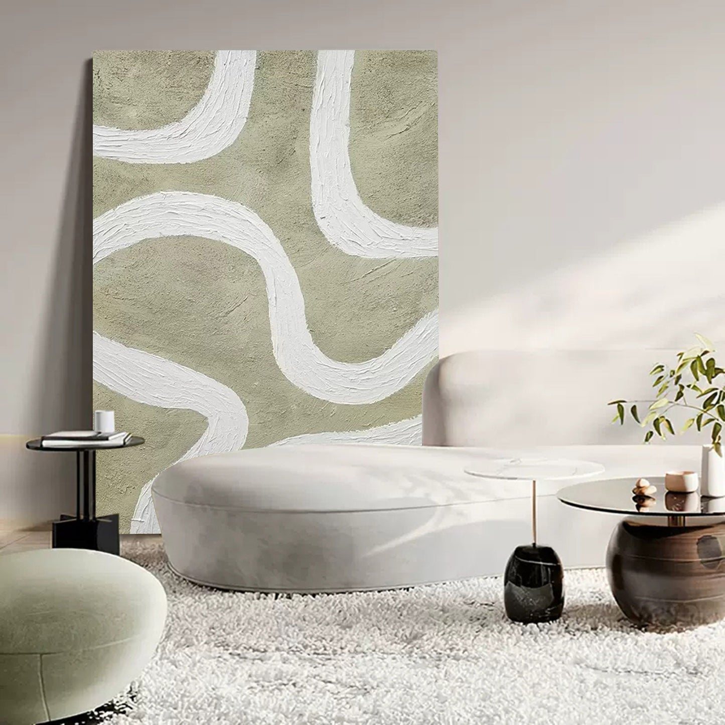 Modern Minimalist Line Art Painting with Abstract White Curves on Earthy Background