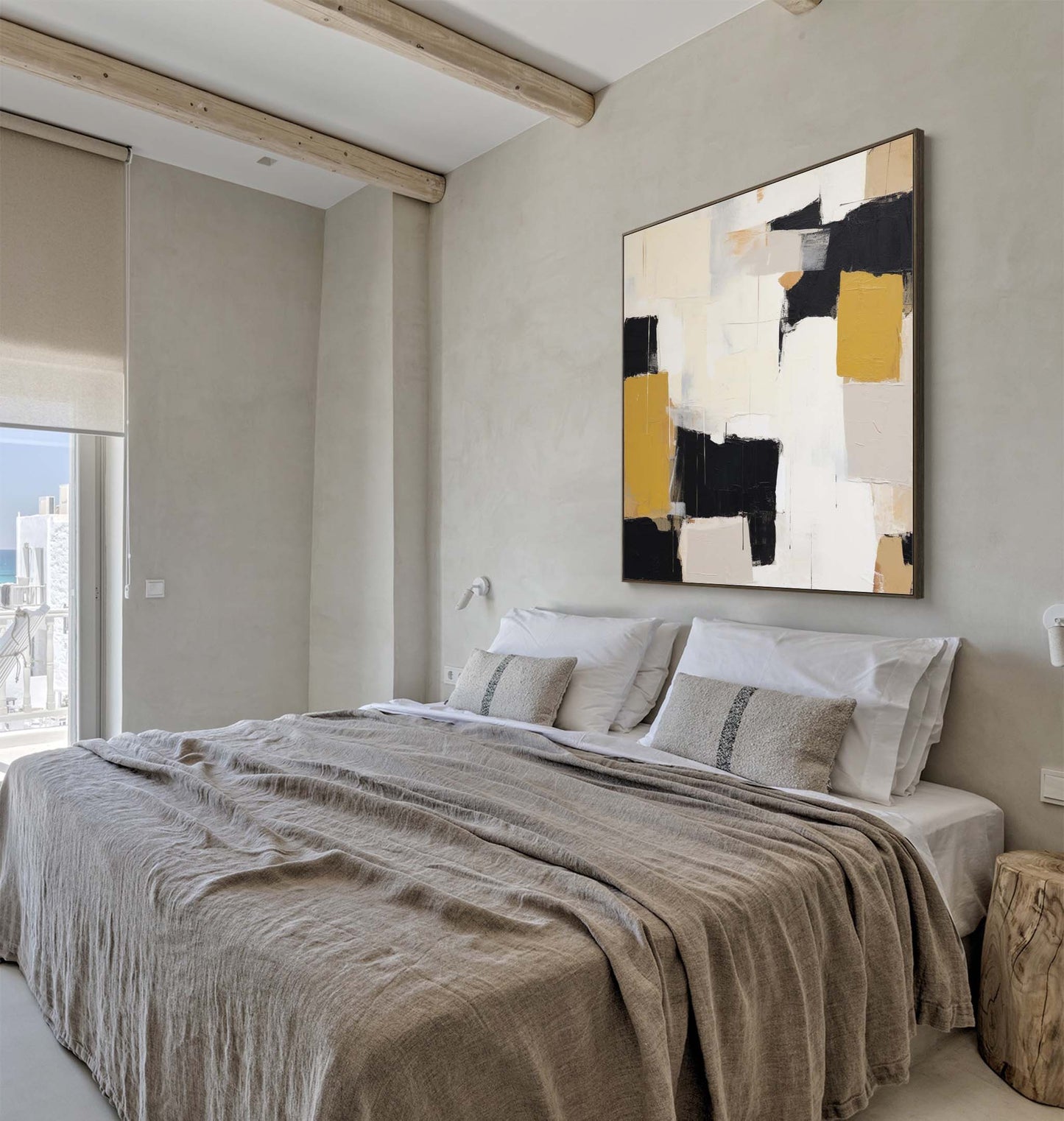 Contemporary Abstract Oil Painting with Black, White, and Gold Elements