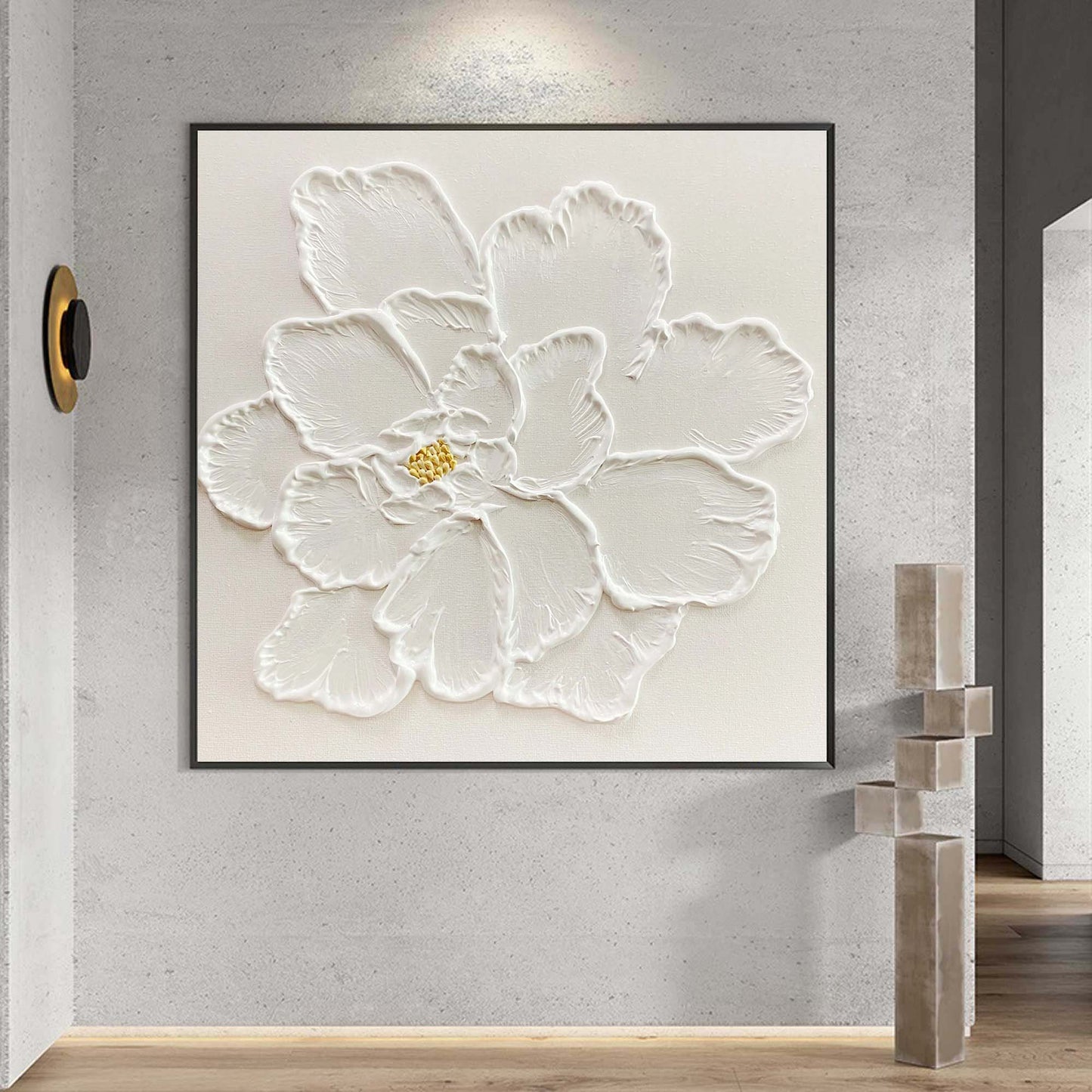 Elegant White Flower Oil Painting for Minimalist Home Decor and Modern Aesthetics