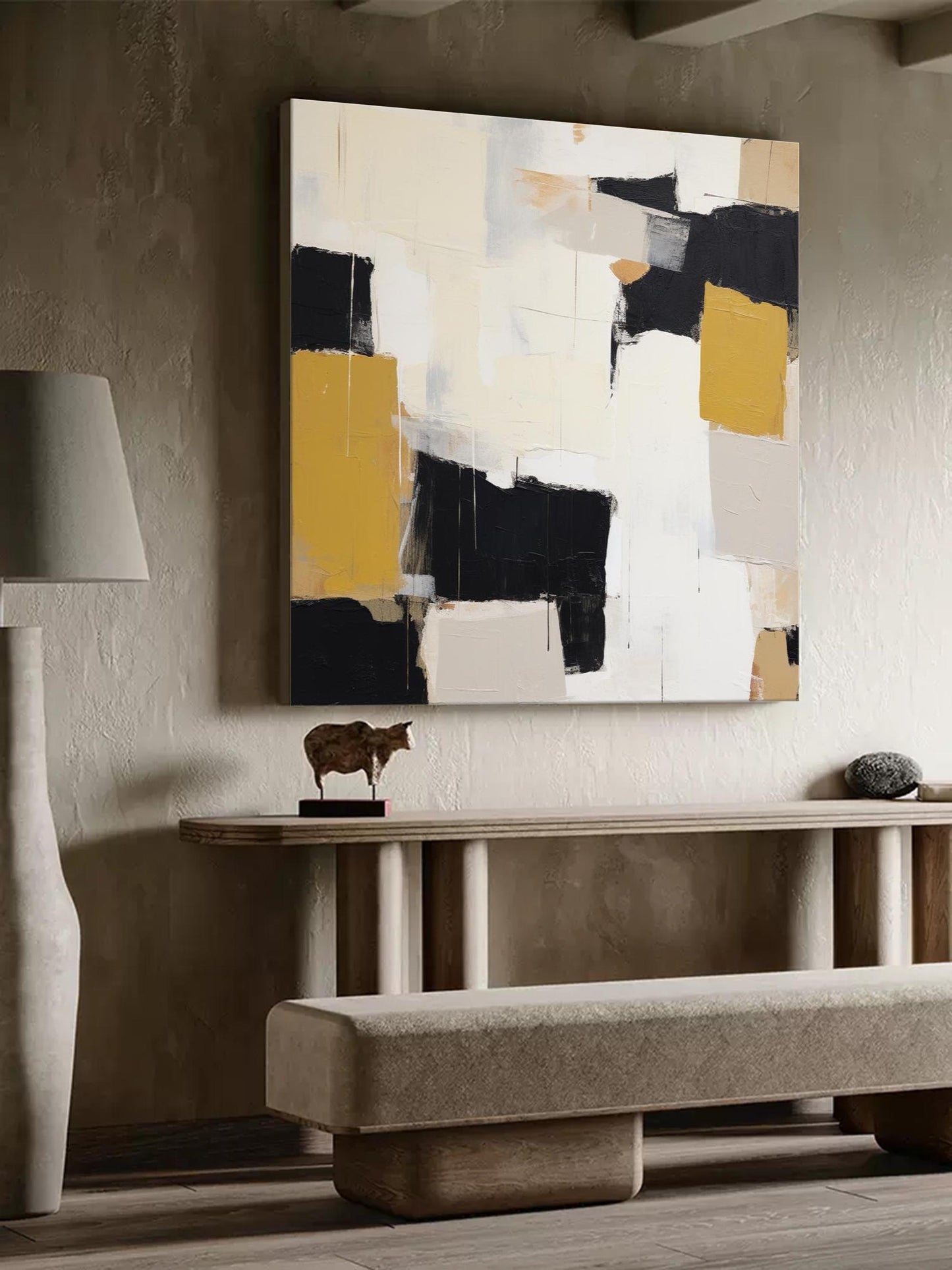Contemporary Abstract Oil Painting with Black, White, and Gold Elements