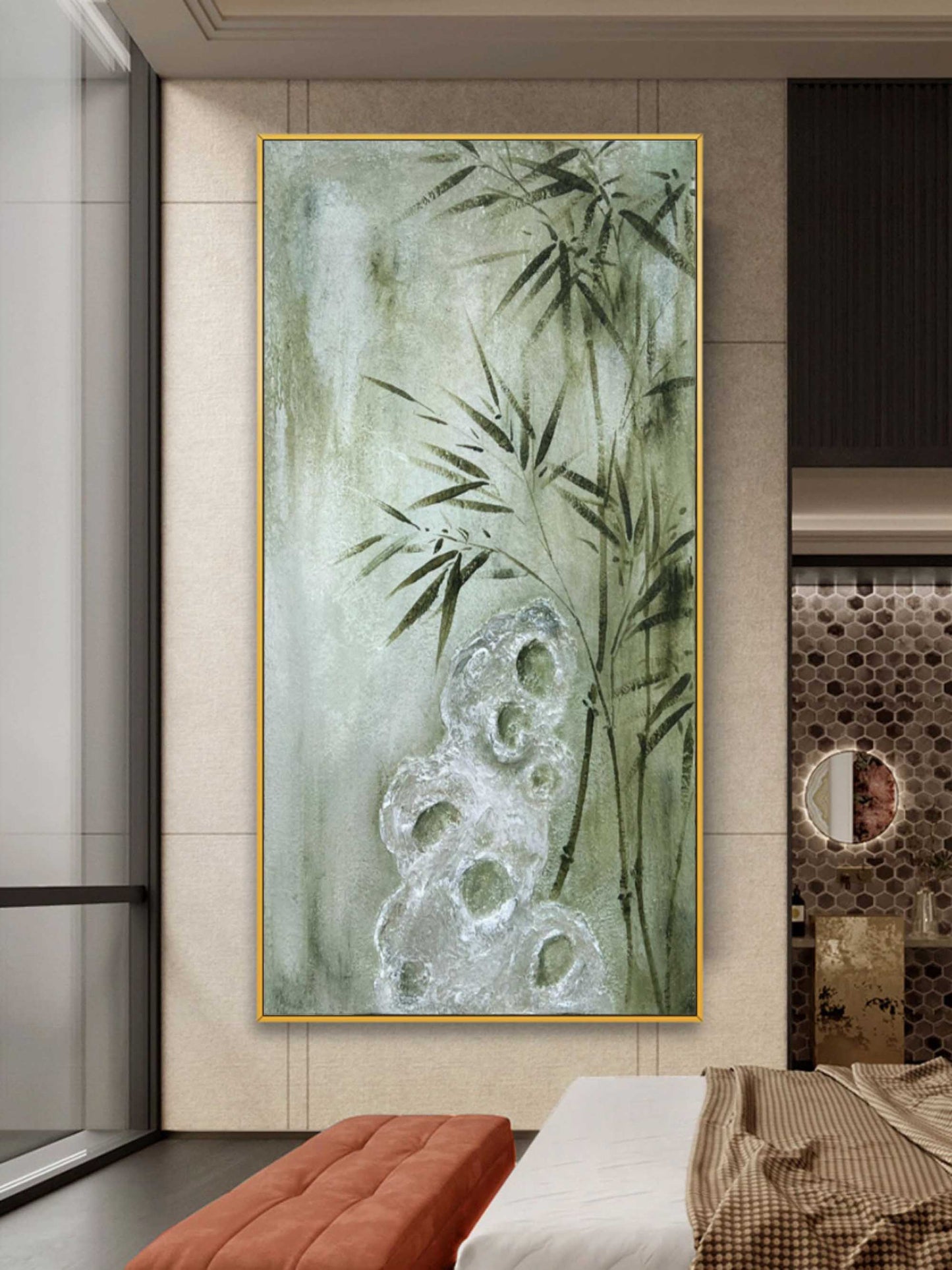 Serene Bamboo Oil Painting for Minimalist Home Decor and Wabi-Sabi Aesthetics