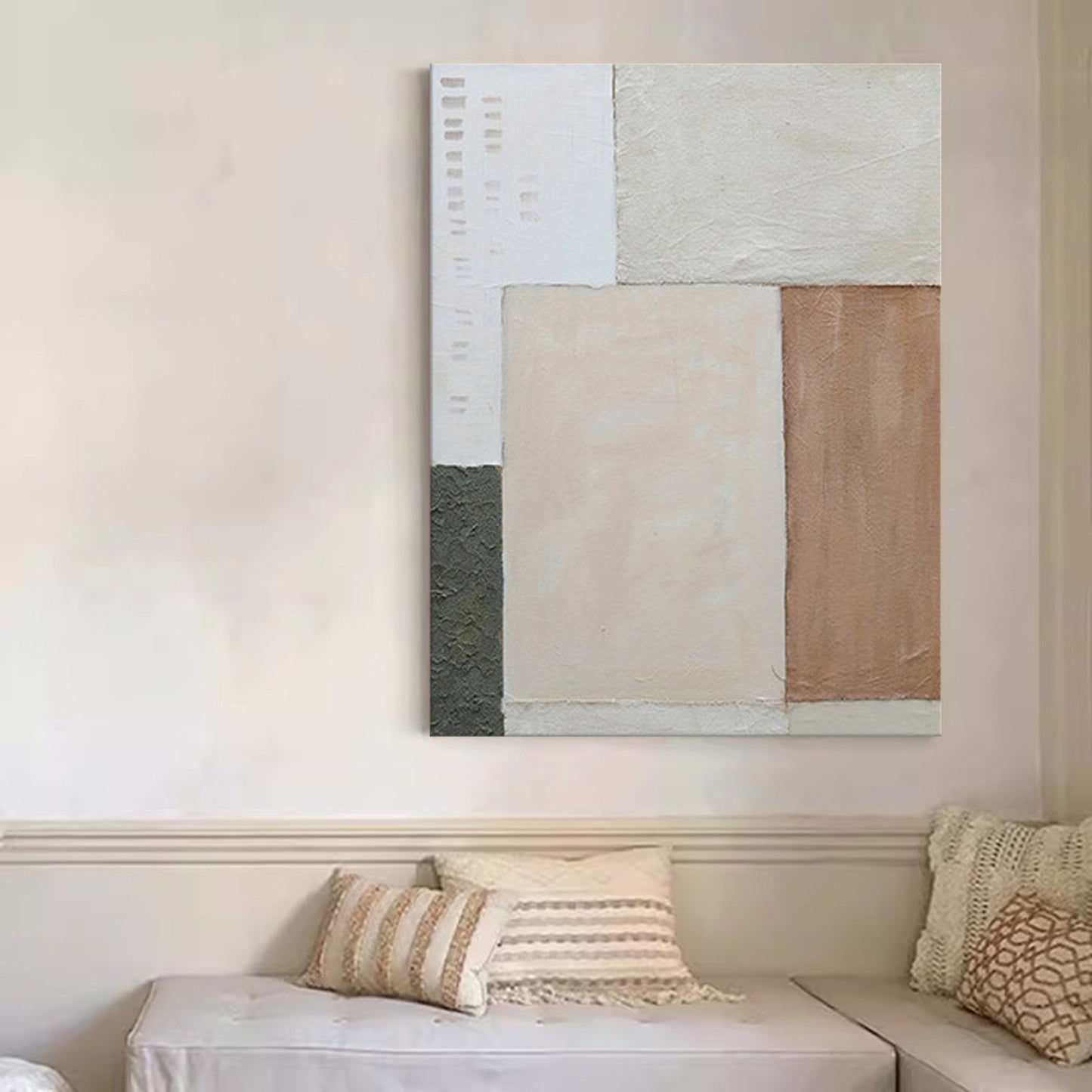 Modern Minimalist Oil Painting with Geometric Shapes and Neutral Tones for Home Decor