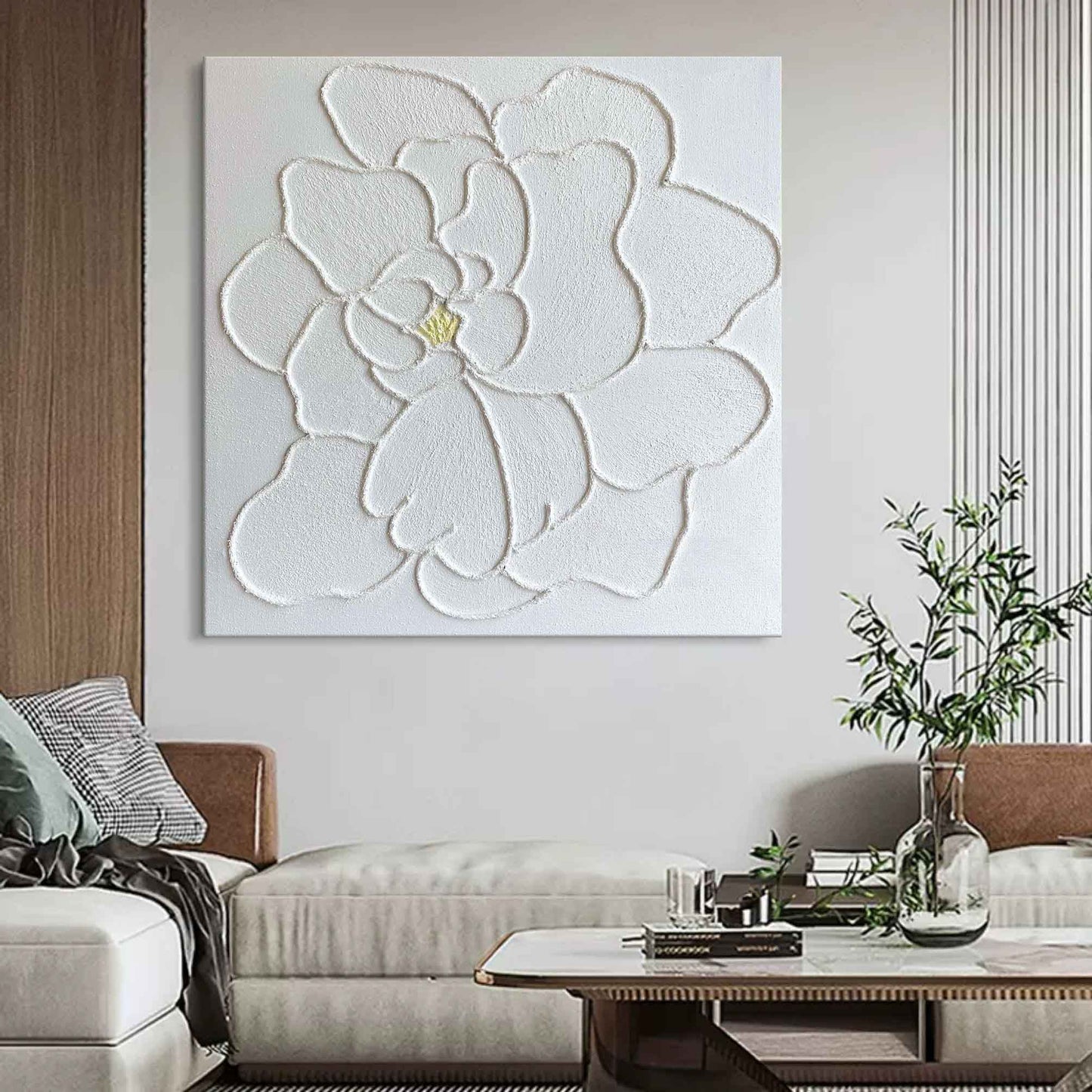 Elegant White Flower Oil Painting with Textured Plaster Finish for Home Decor
