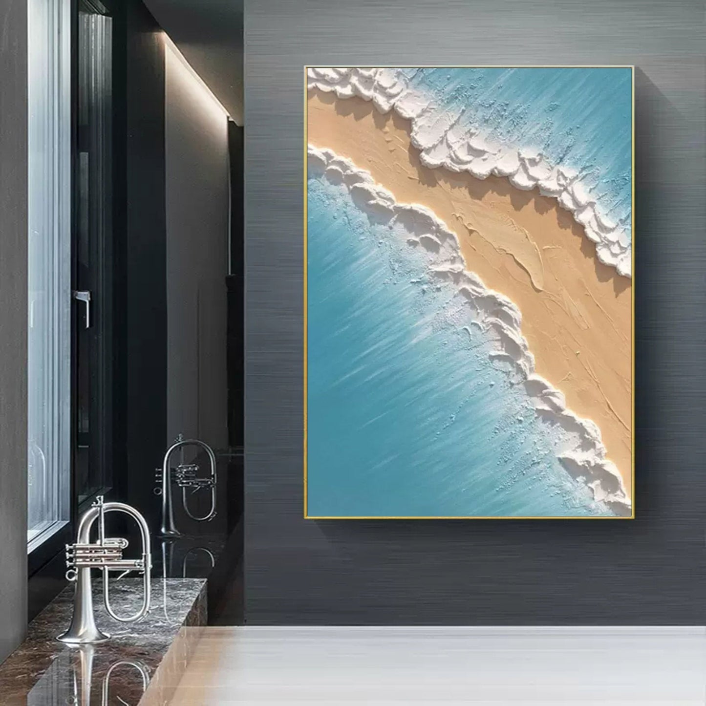 Coastal Serenity: Textured Oil Painting of Beach and Waves