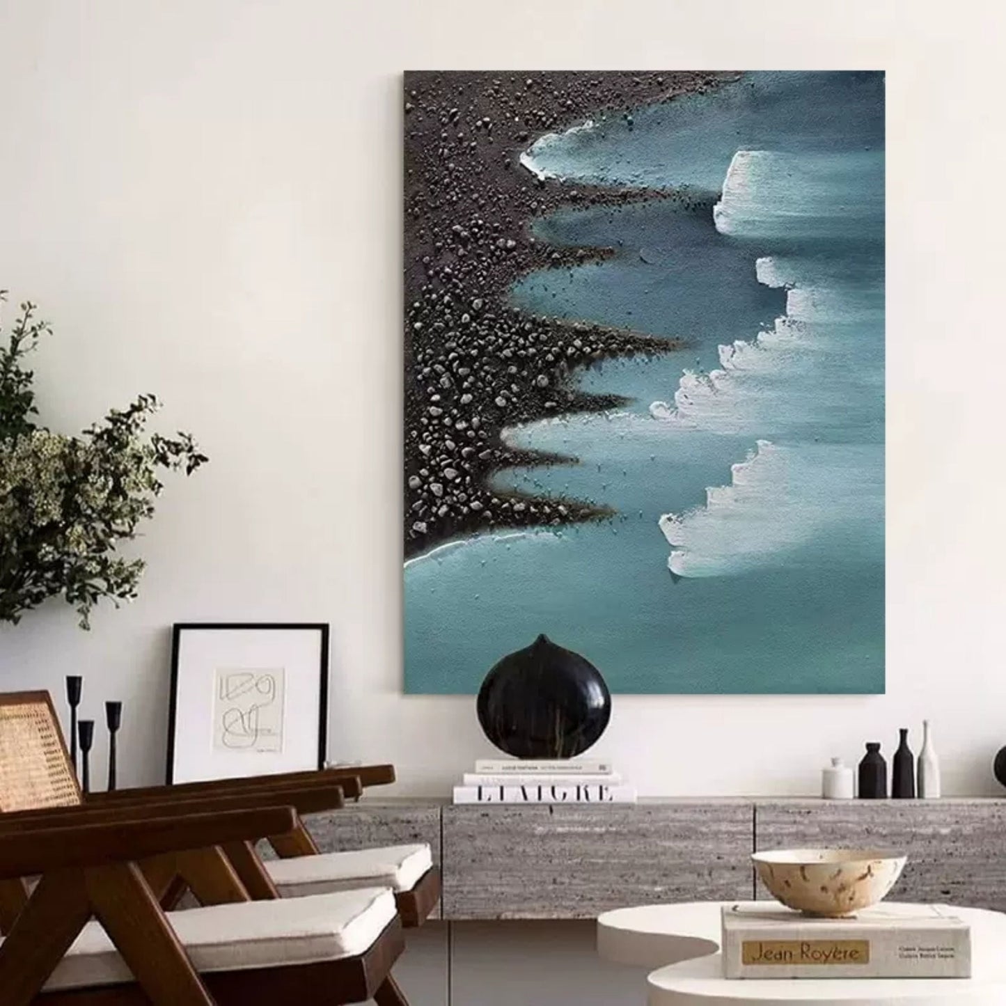 Abstract Seascape Oil Painting with Textured Beach and Gentle Waves