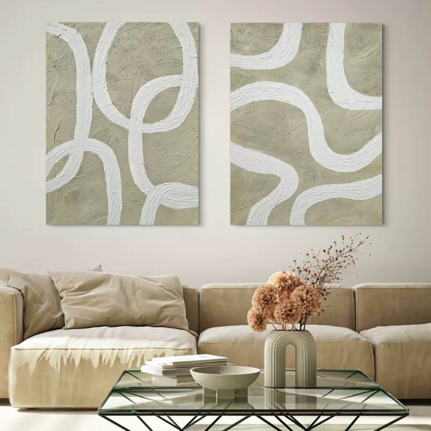 Minimalist Abstract Oil Painting Duo for Modern Home Decor