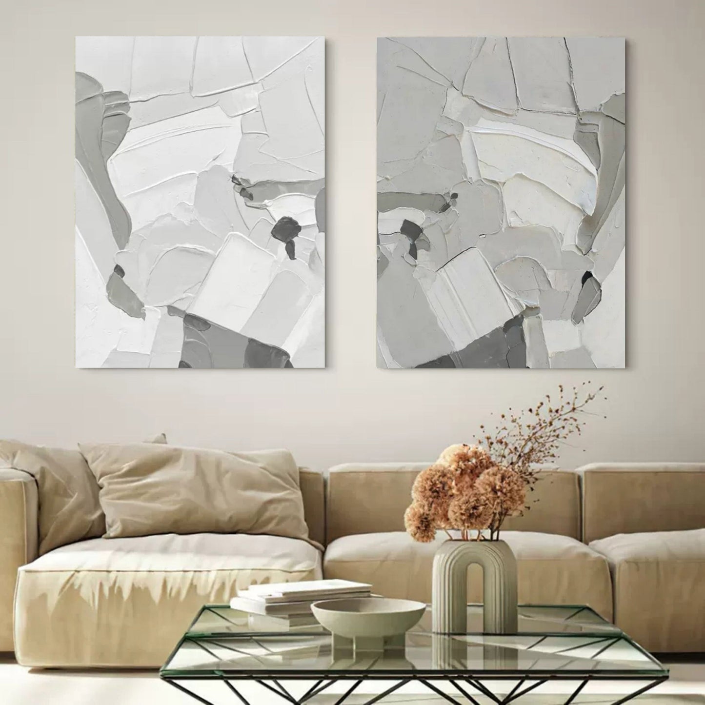 Contemporary Abstract Oil Painting Duo in Monochrome Shades for Modern Decor