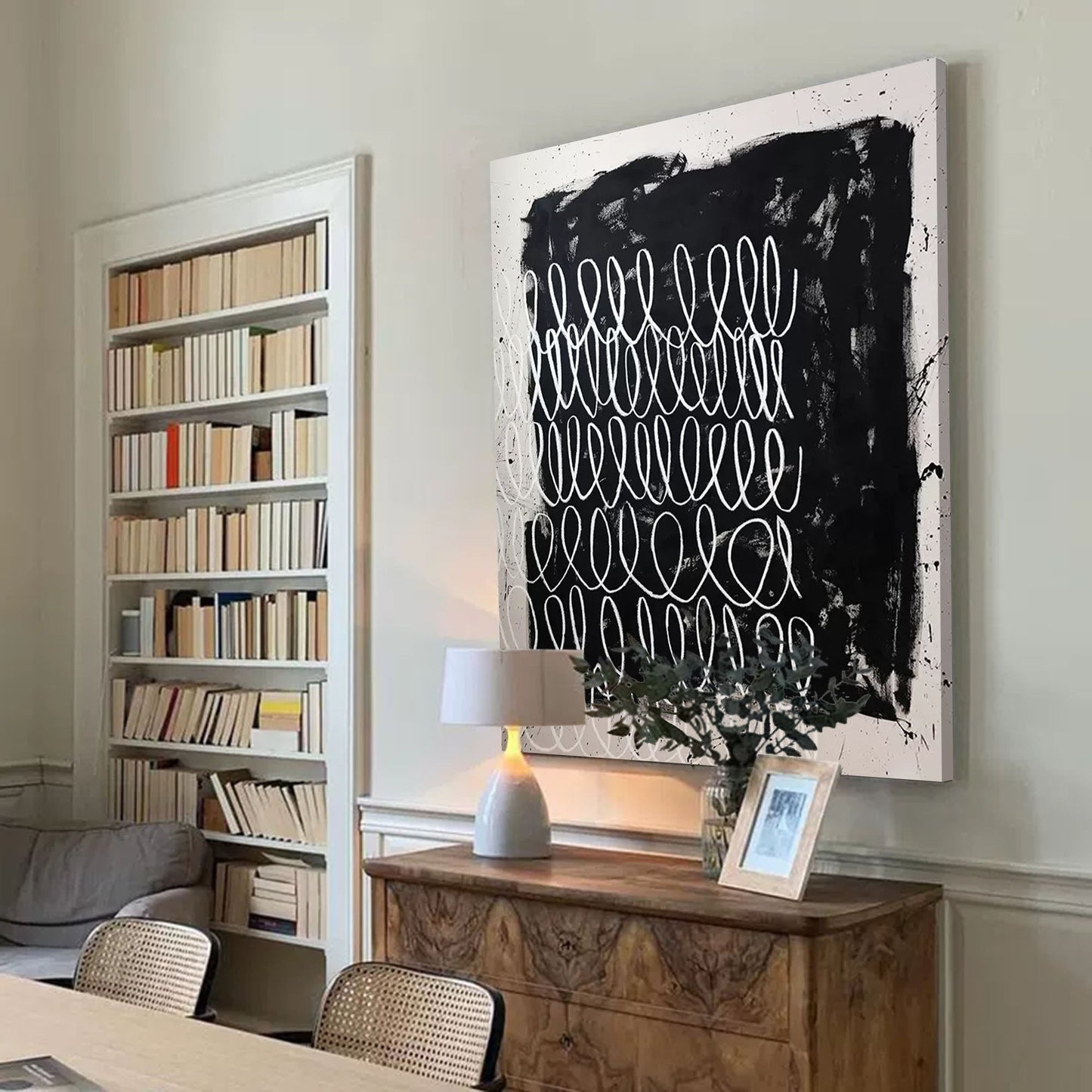 Contemporary Minimalist Black and White Line Art Oil Painting for Modern Decor