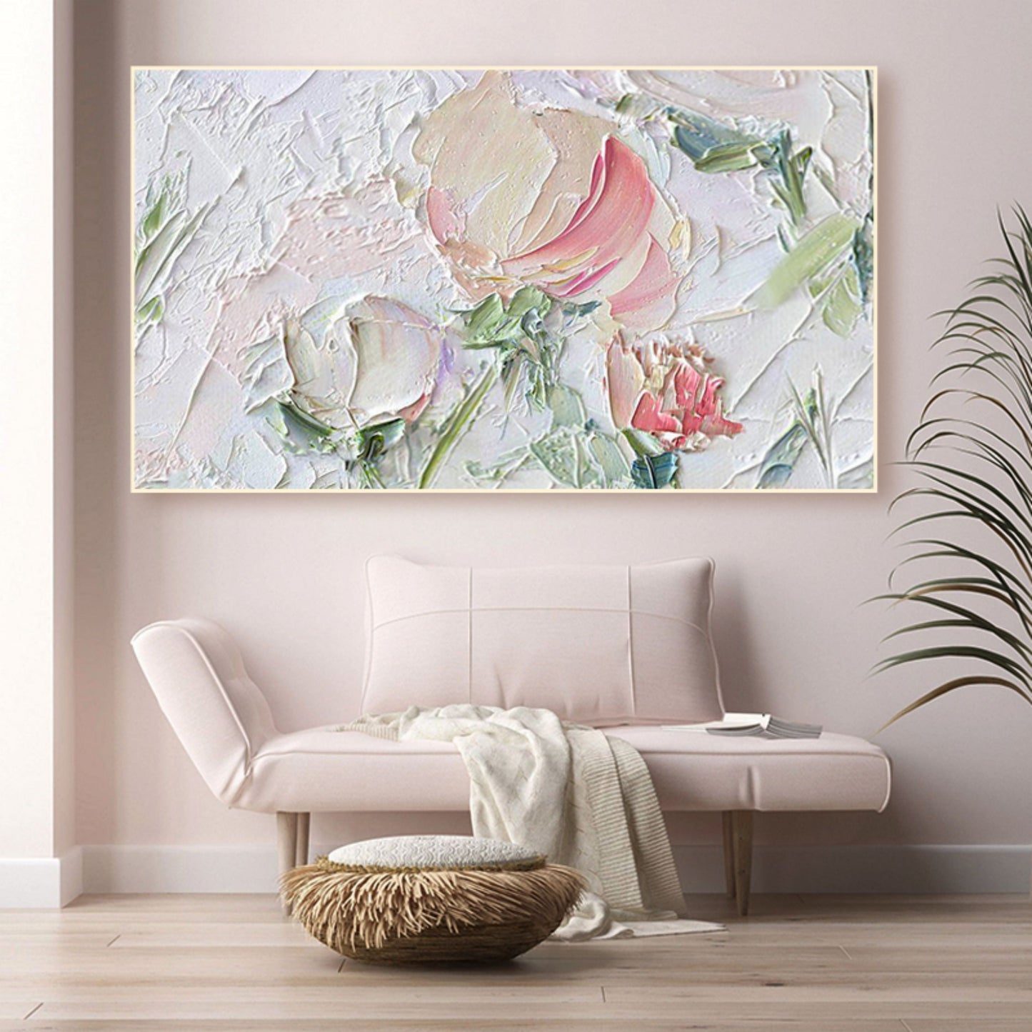 Textured Floral Oil Painting with Rose and Green Accents for Home Decor