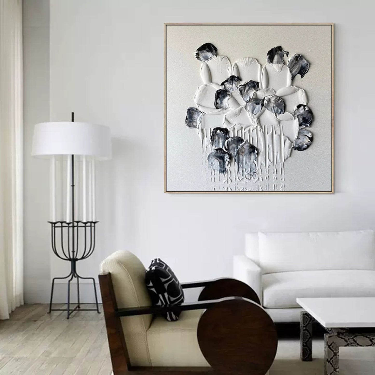 Elegant Minimalist Black and White Flower Oil Painting for Modern Decor