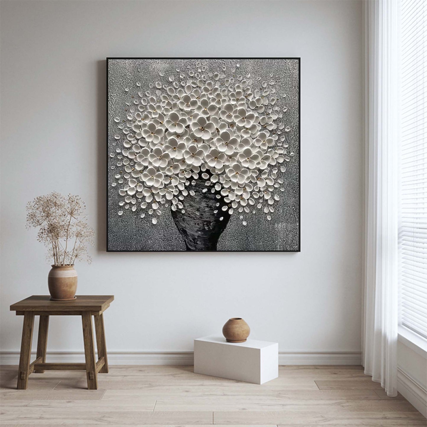 Elegant White Floral Bouquet in Black Vase - Textured Oil Painting for Home Decor