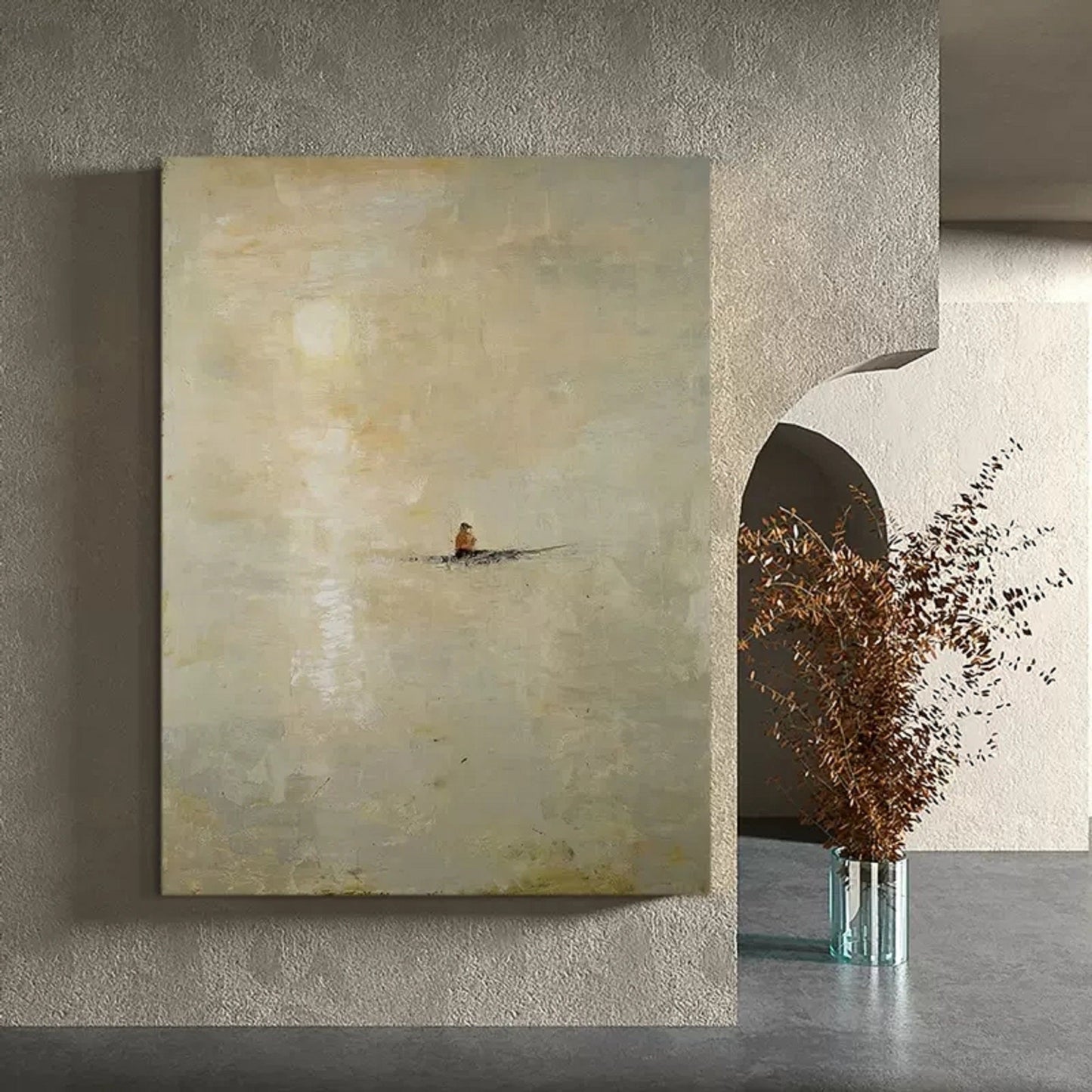 Serene Minimalist Landscape with a Rowboat – Tranquil Oil Painting for Home Décor