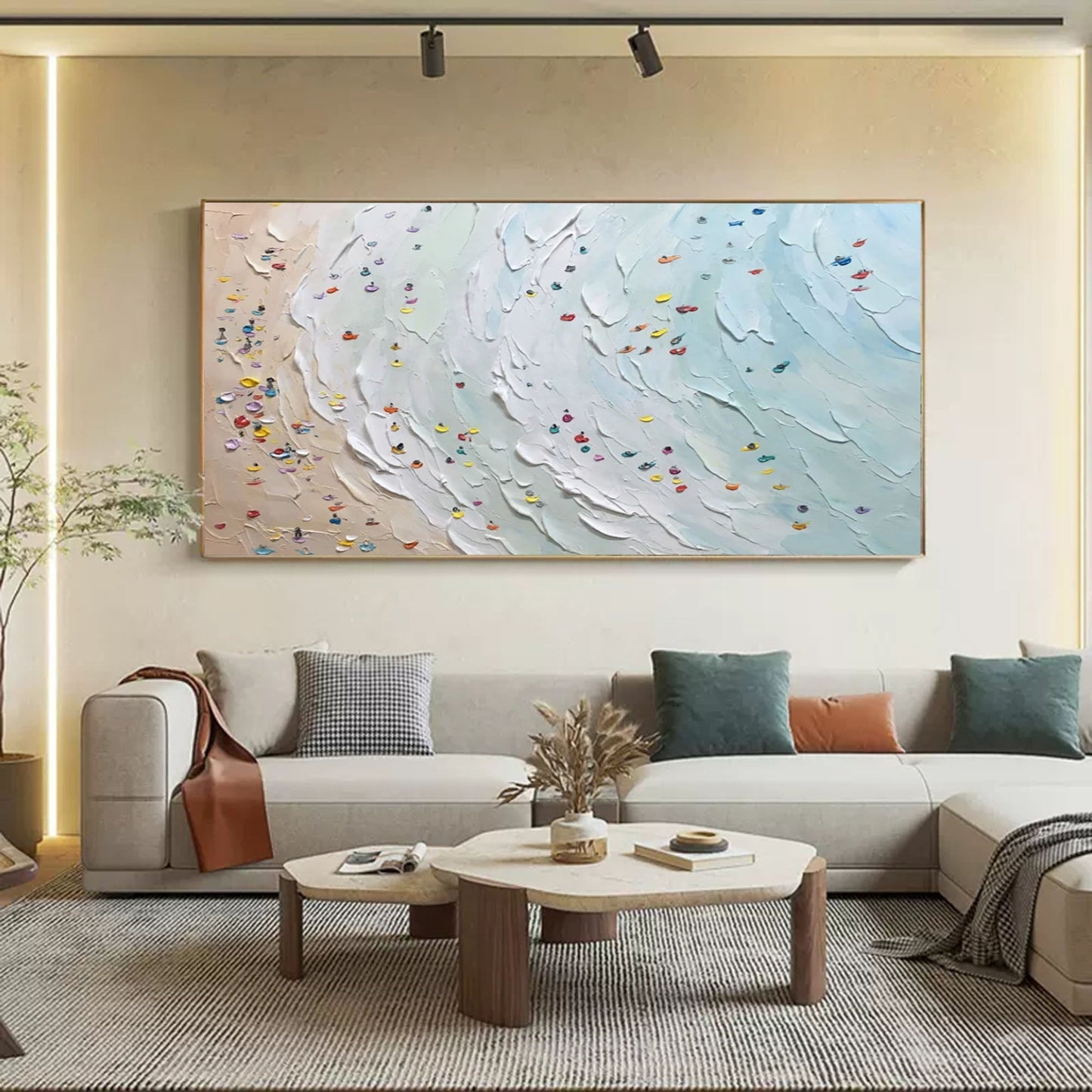 Coastal Waves Oil Painting with Textured Beach and Colorful Boats