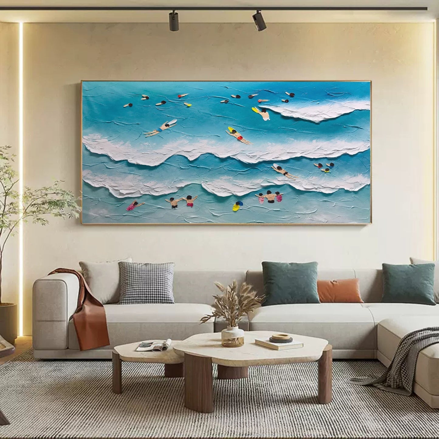 Vibrant Beach Scene Oil Painting with Textured Waves and Summer Fun