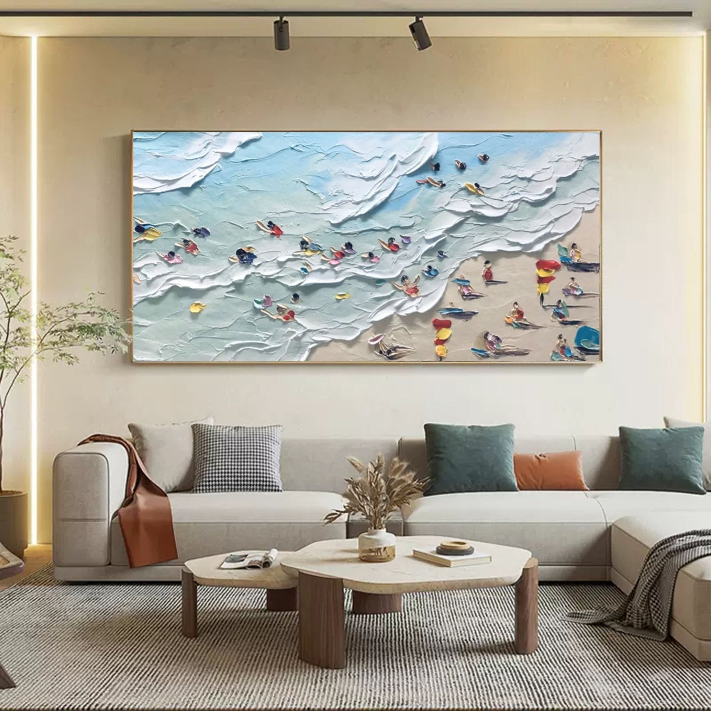 Coastal Bliss: Textured Oil Painting of Beach Scene with People and Ocean Waves