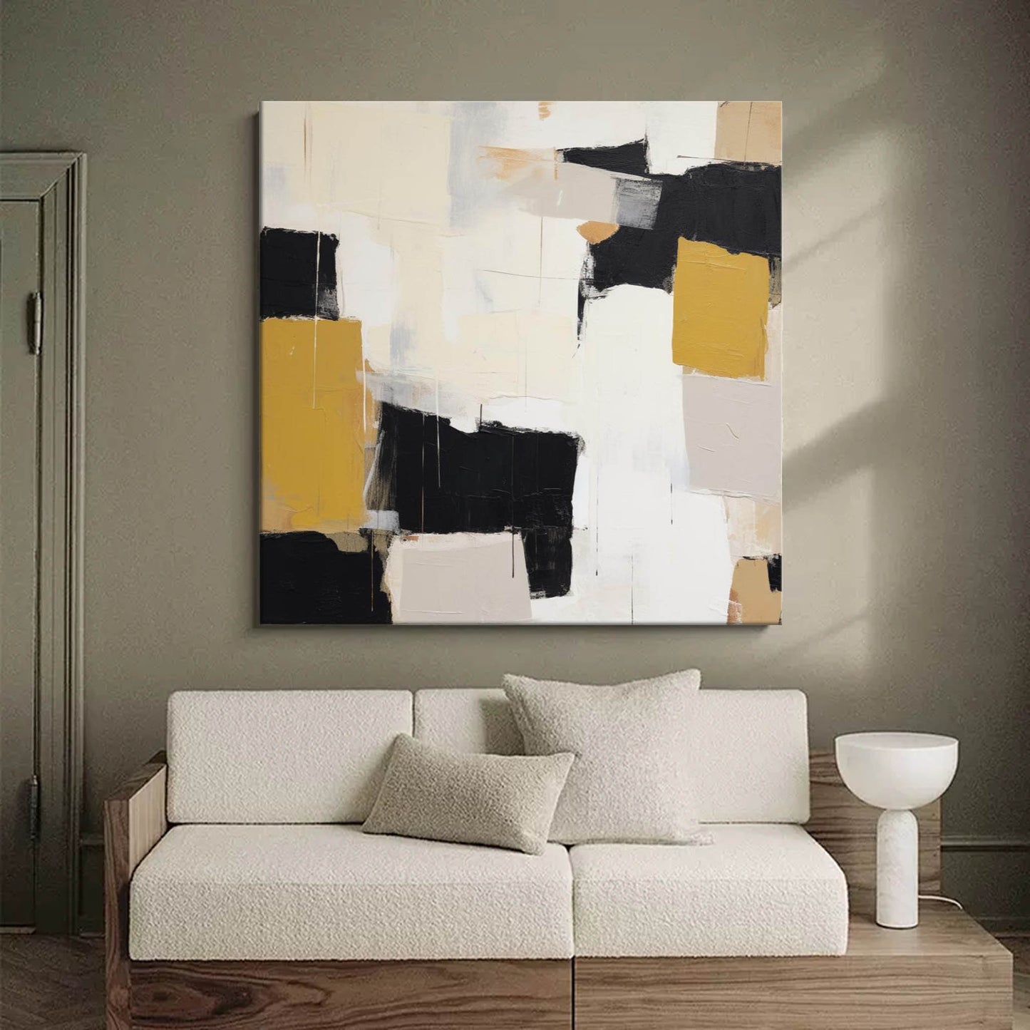 Contemporary Abstract Oil Painting with Black, White, and Gold Elements
