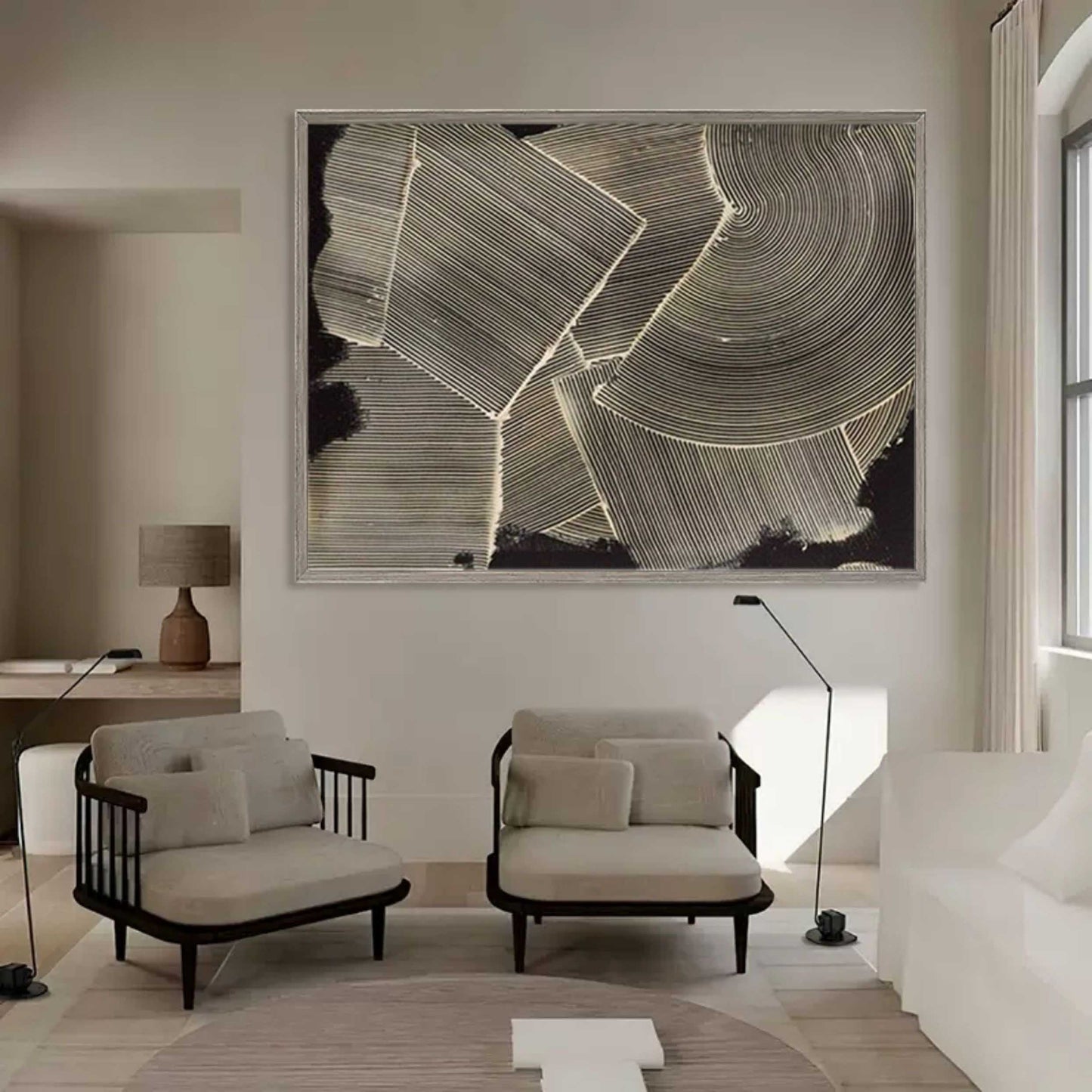 Geometric Black and White Oil Painting for Modern Wall Decor