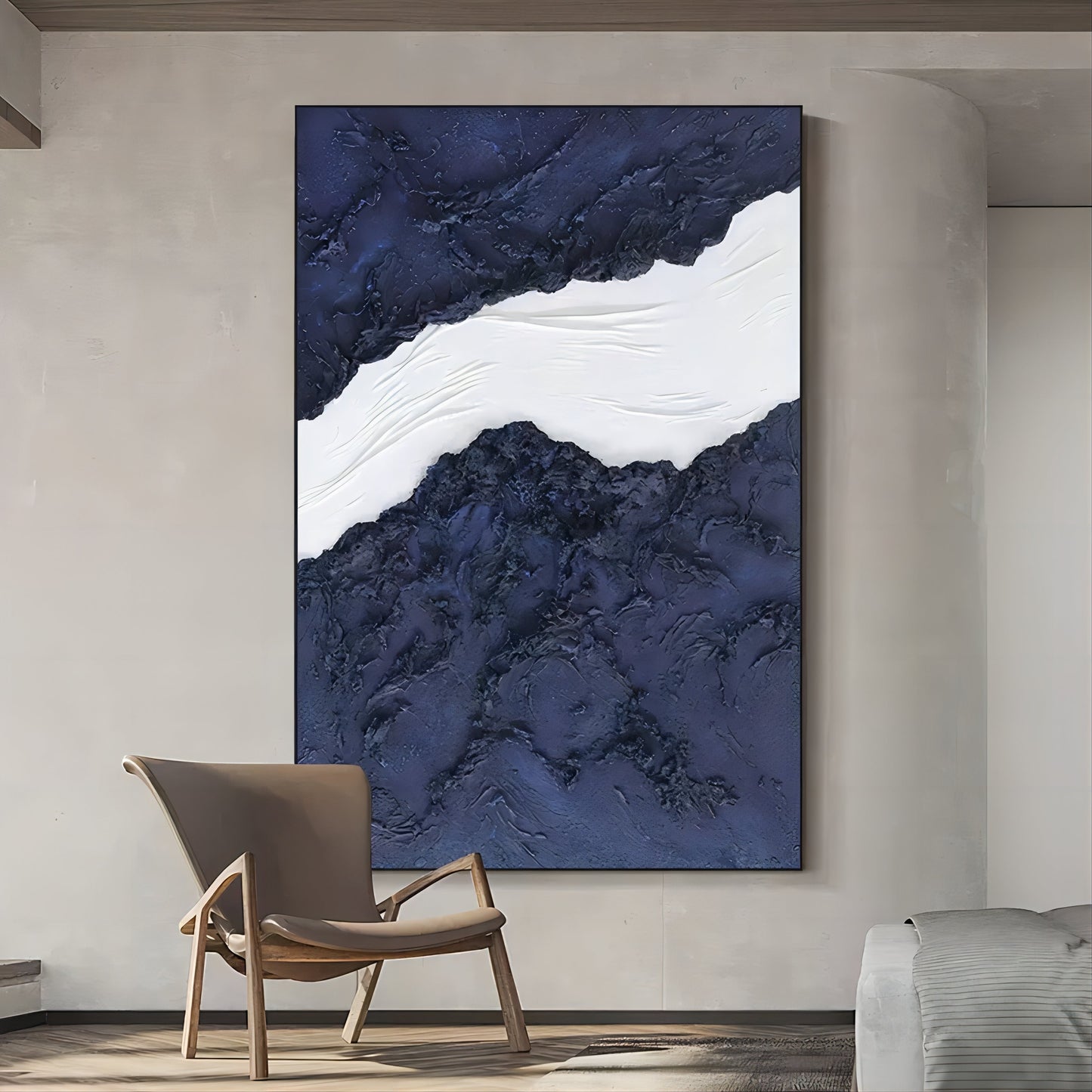 Abstract Blue and White Textured Oil Painting for Modern Home Decor