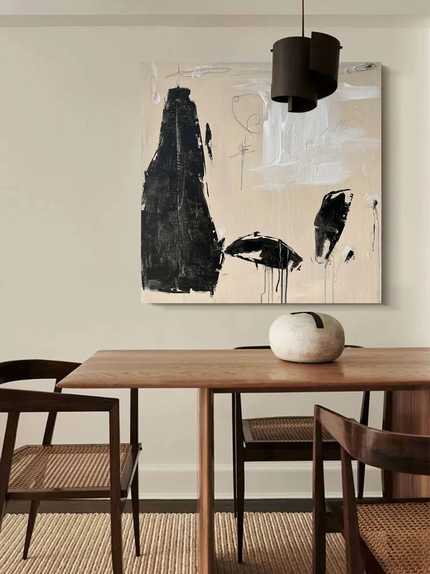 Elegant Black and White Minimalist Abstract Oil Painting for Modern Decor